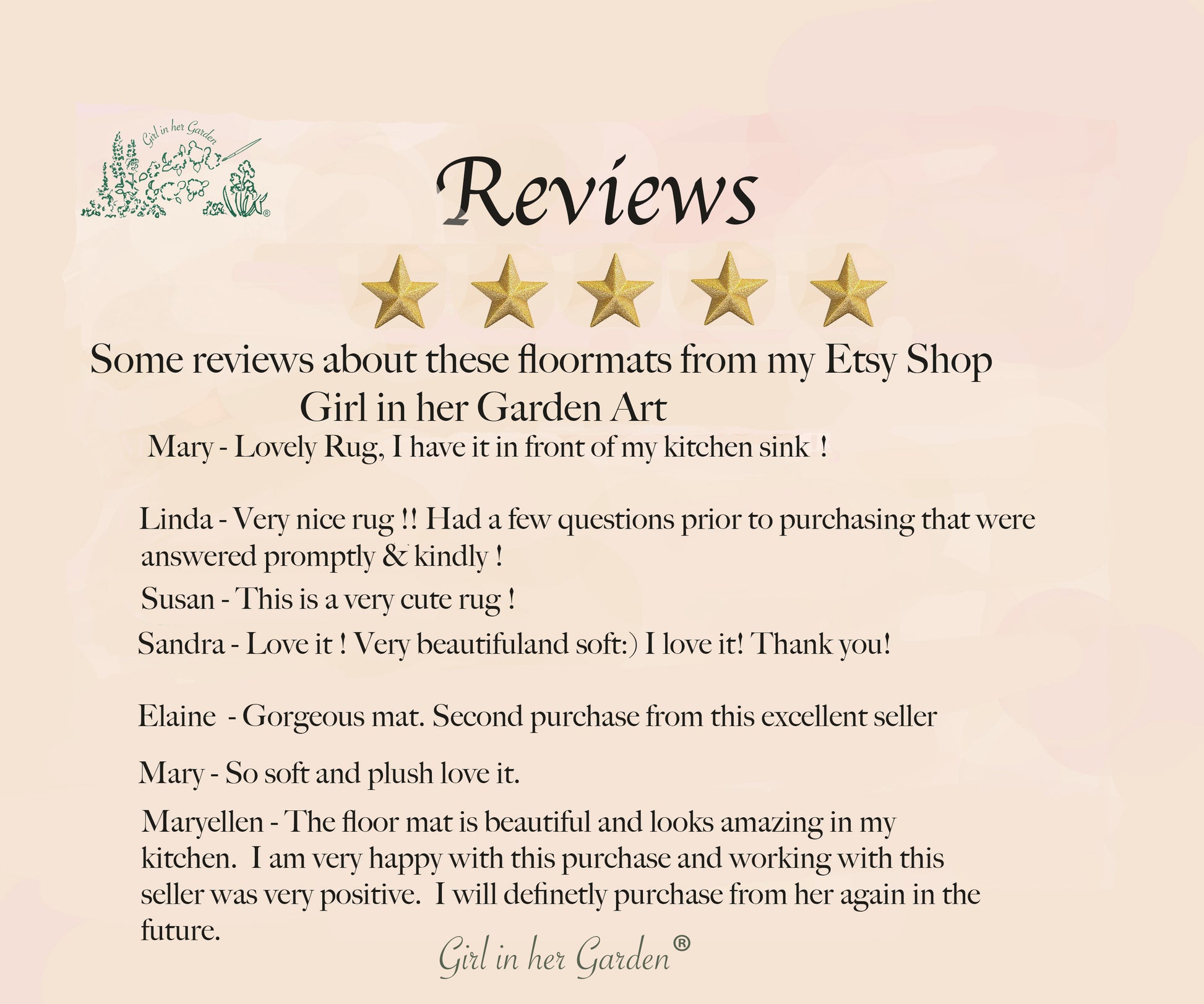Reviews of floor mats from an Etsy shop on a pink background