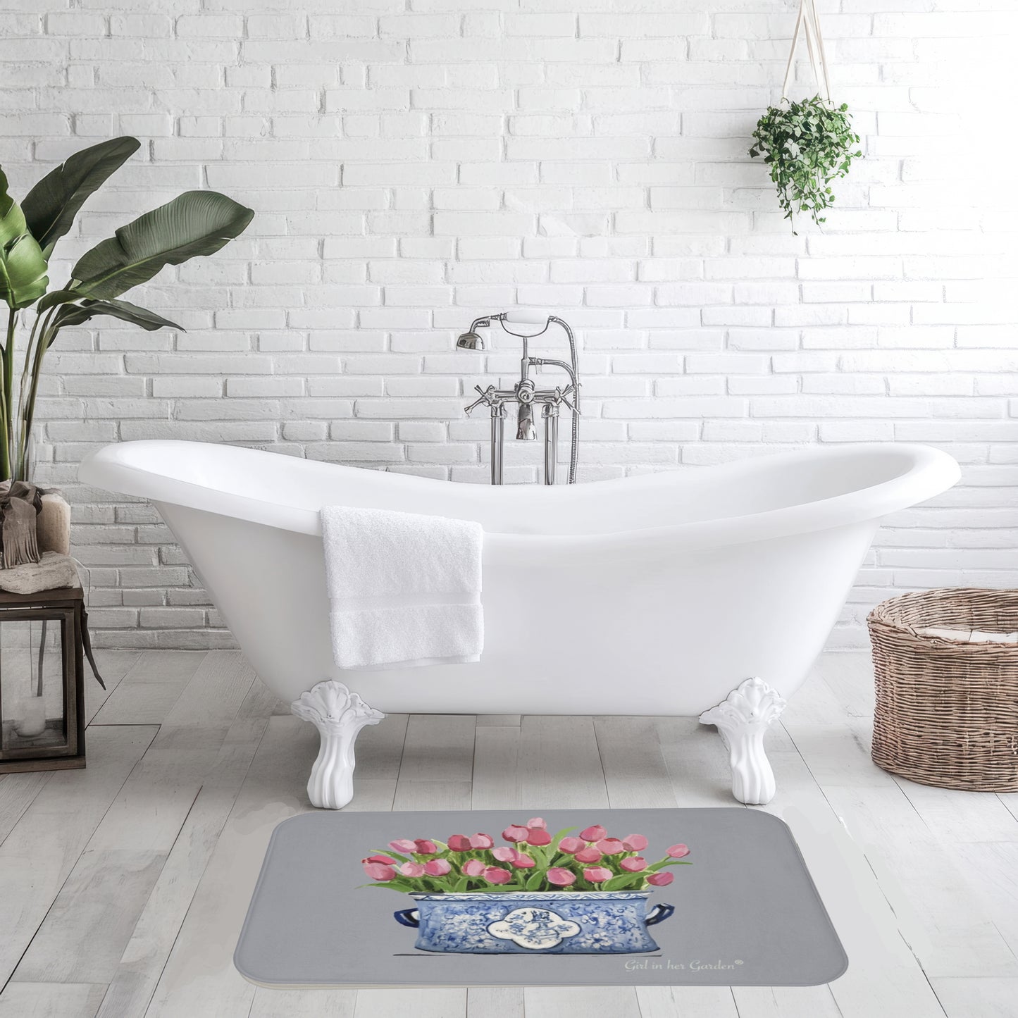 Kitchen, Bath Cushion Mat, Grey Tulips Chinoiserie Planter