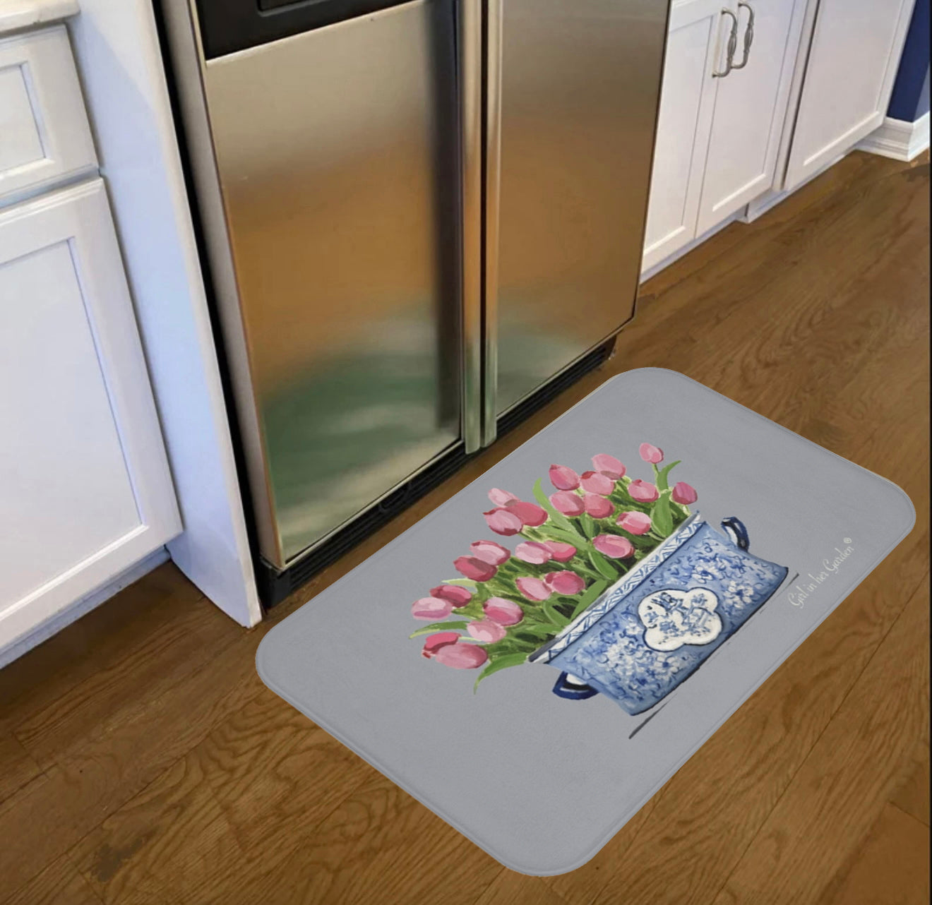 Kitchen, Bath Cushion Mat, Grey Tulips Chinoiserie Planter
