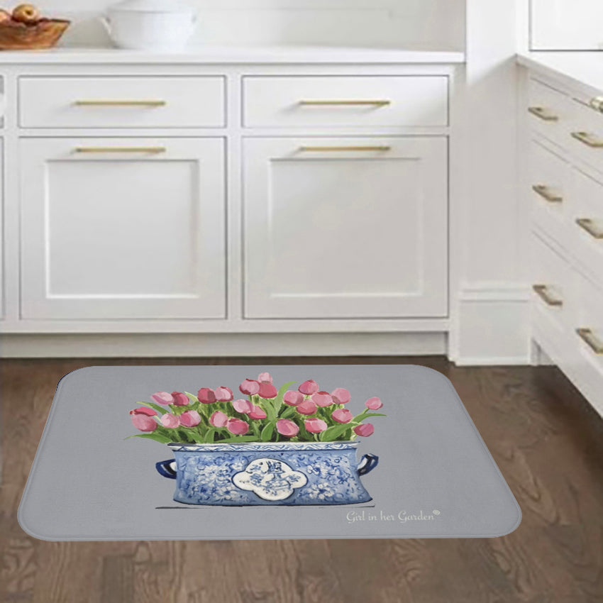 Kitchen, Bath Cushion Mat, Grey Tulips Chinoiserie Planter