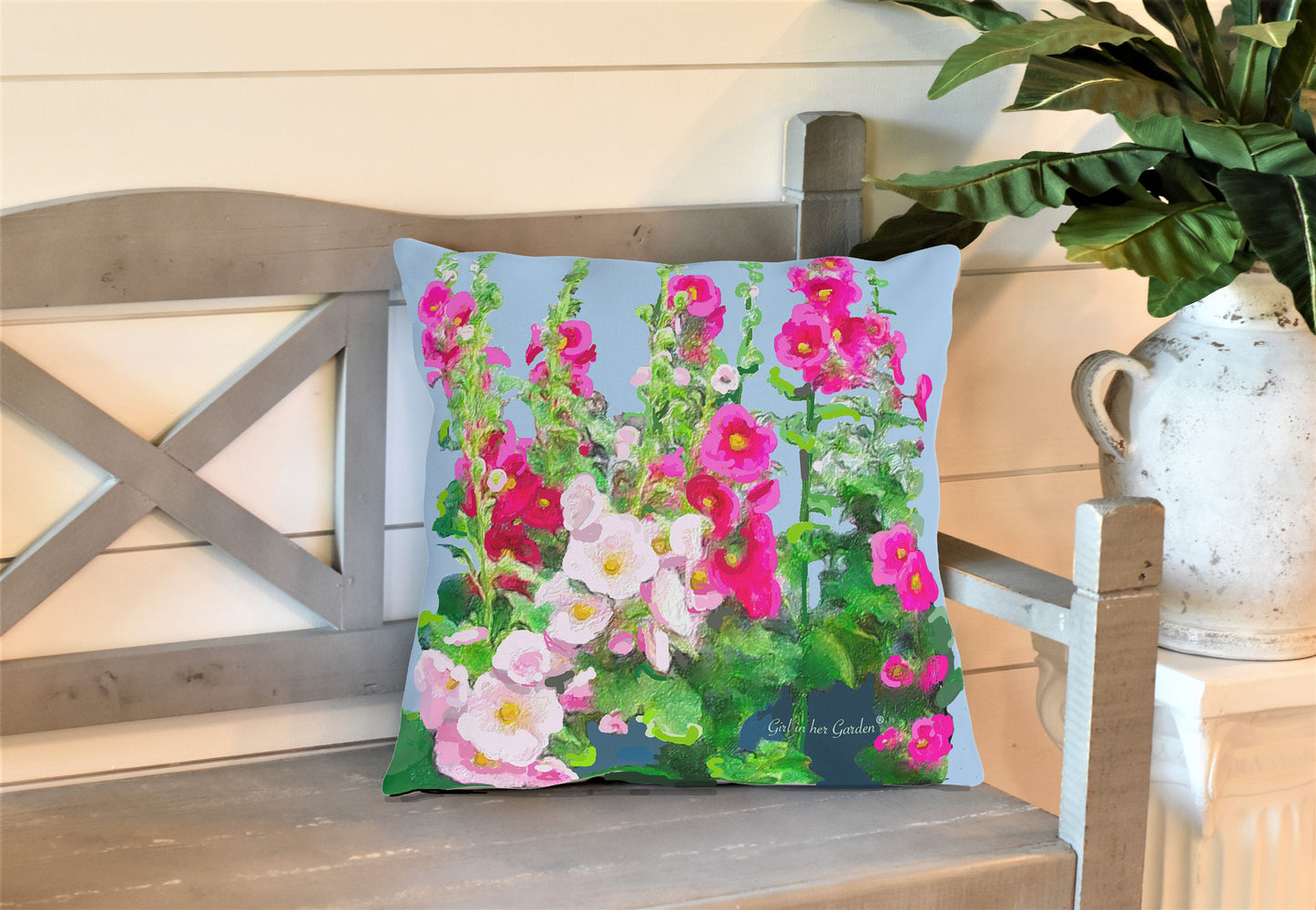 Outdoor Hollyhock Floral Pillow