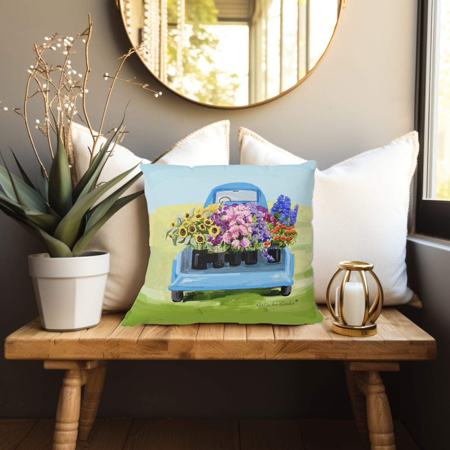 Flower Truck Throw Pillow, Pillow Cover