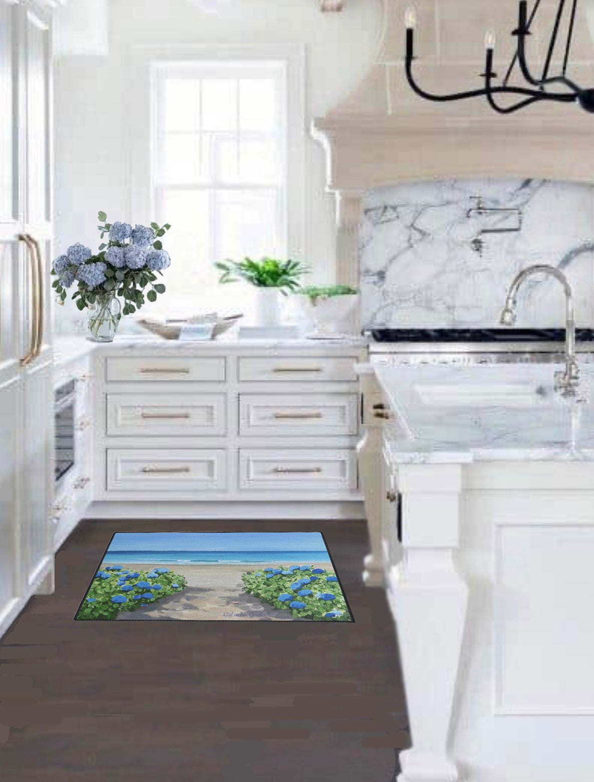 Kitchen with a decorative rug featuring a beach scene with flowers.