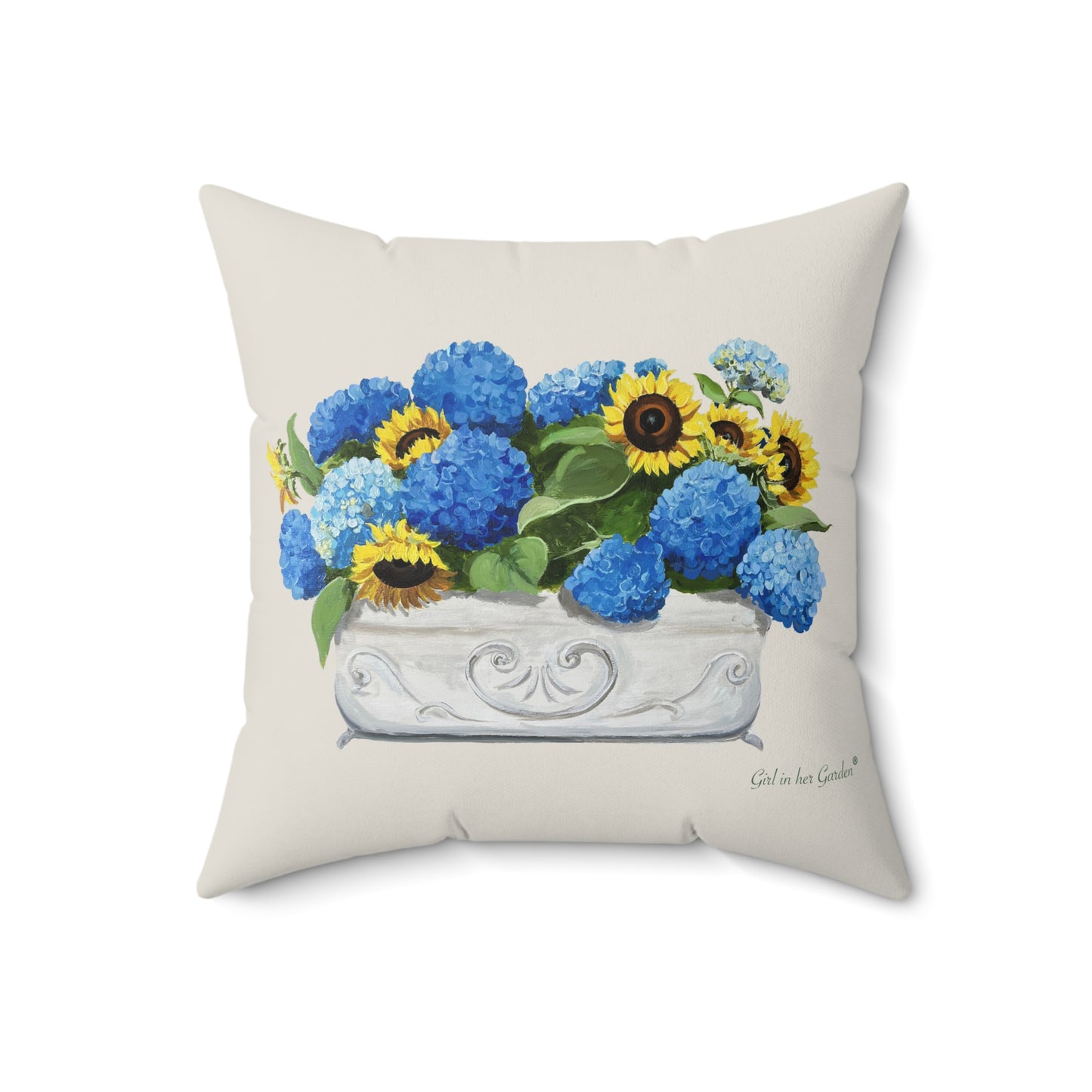 Sunflower & Blue Hydrangea Beige Pillow, Pillow Cover
