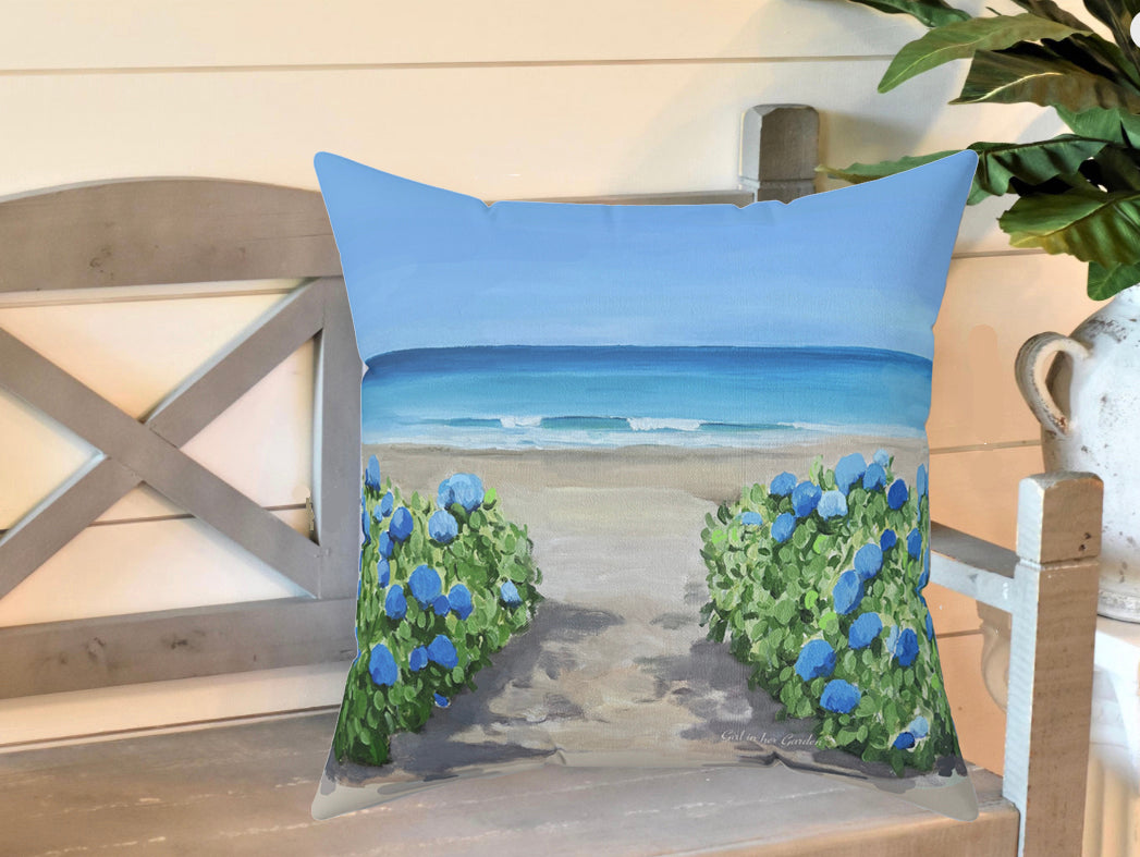 Beach Scene with Hydrangeas Outdoor Pillow