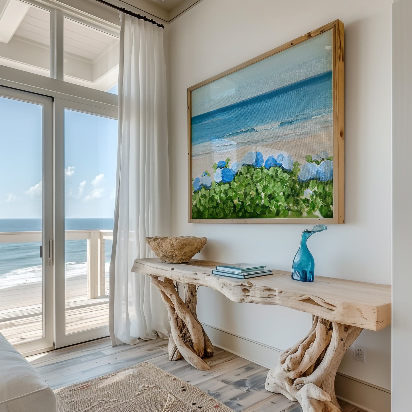 Hydrangeas on the Ocean, Framed Canvas