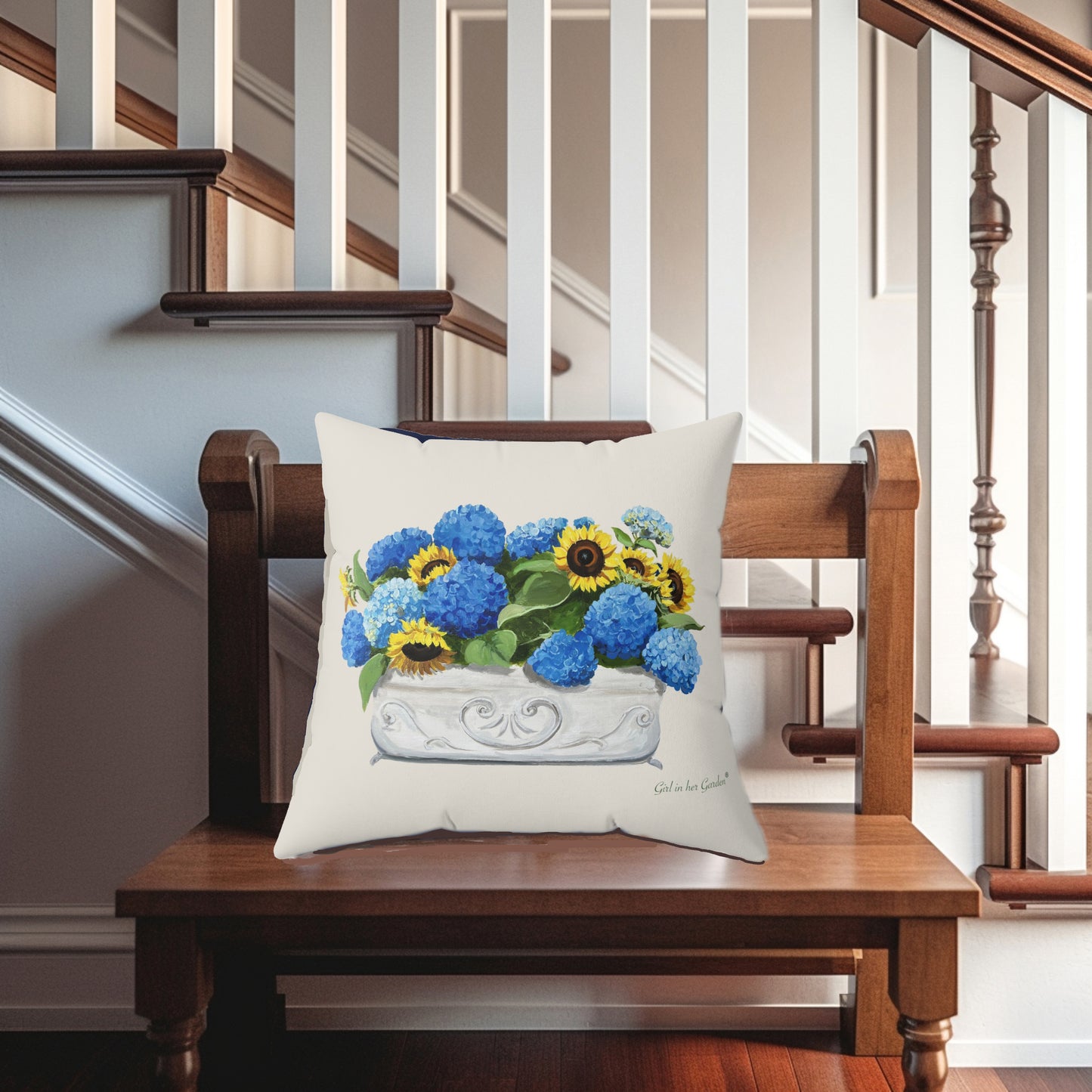 Sunflower & Blue Hydrangea Beige Pillow, Pillow Cover
