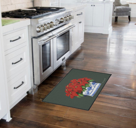 Green Christmas Poinsettias Rubber Floor Mat