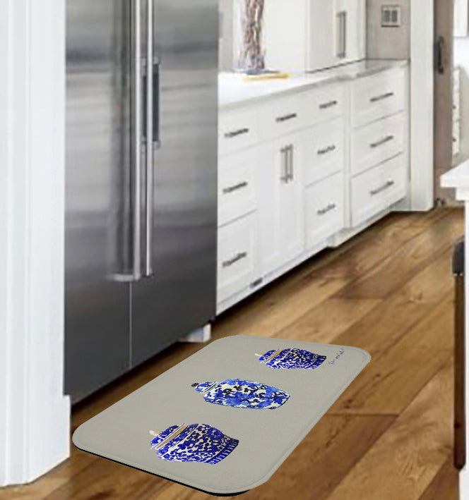Kitchen Bath Cushion Mat, Beige Chinoiserie Vase