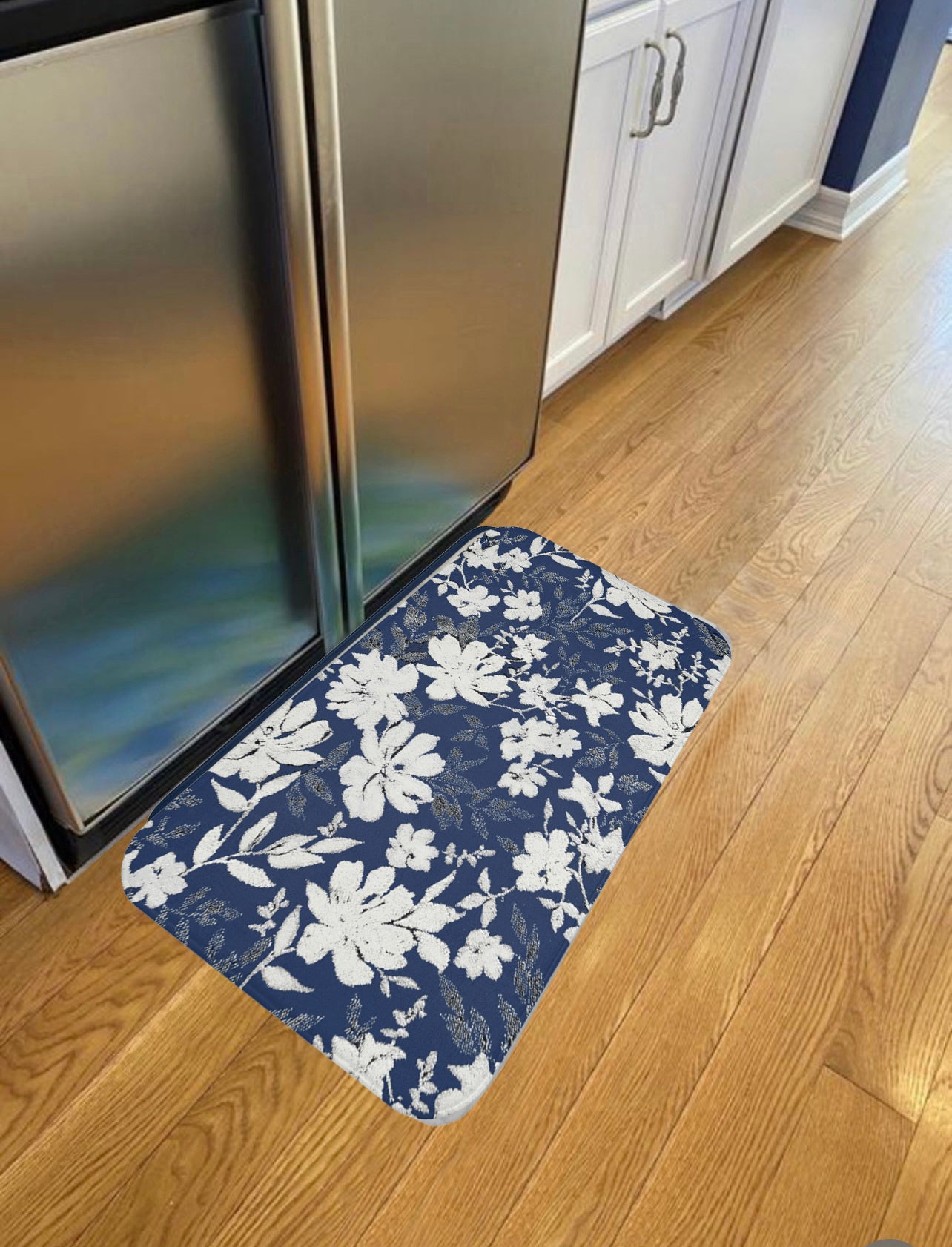 Kitchen, Bath Cushion Mat , Navy Blue White Floral