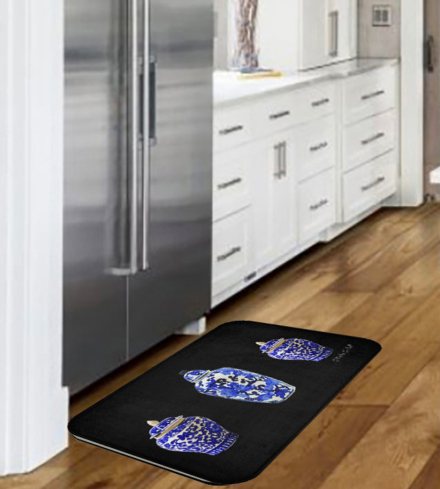 Kitchen, Bath Cushion Mat, Black Chinoiserie Vase