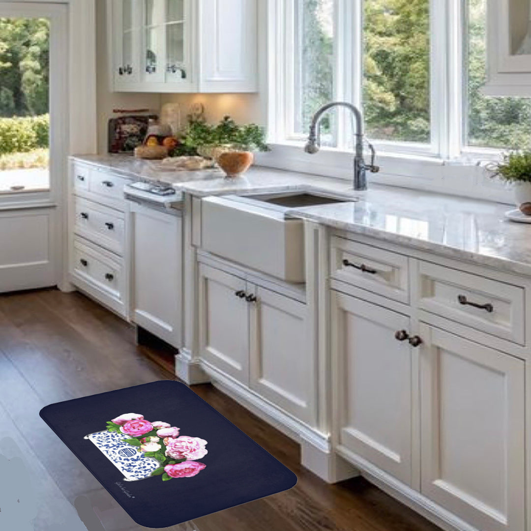 Navy Peonies Kitchen & Bath Mat