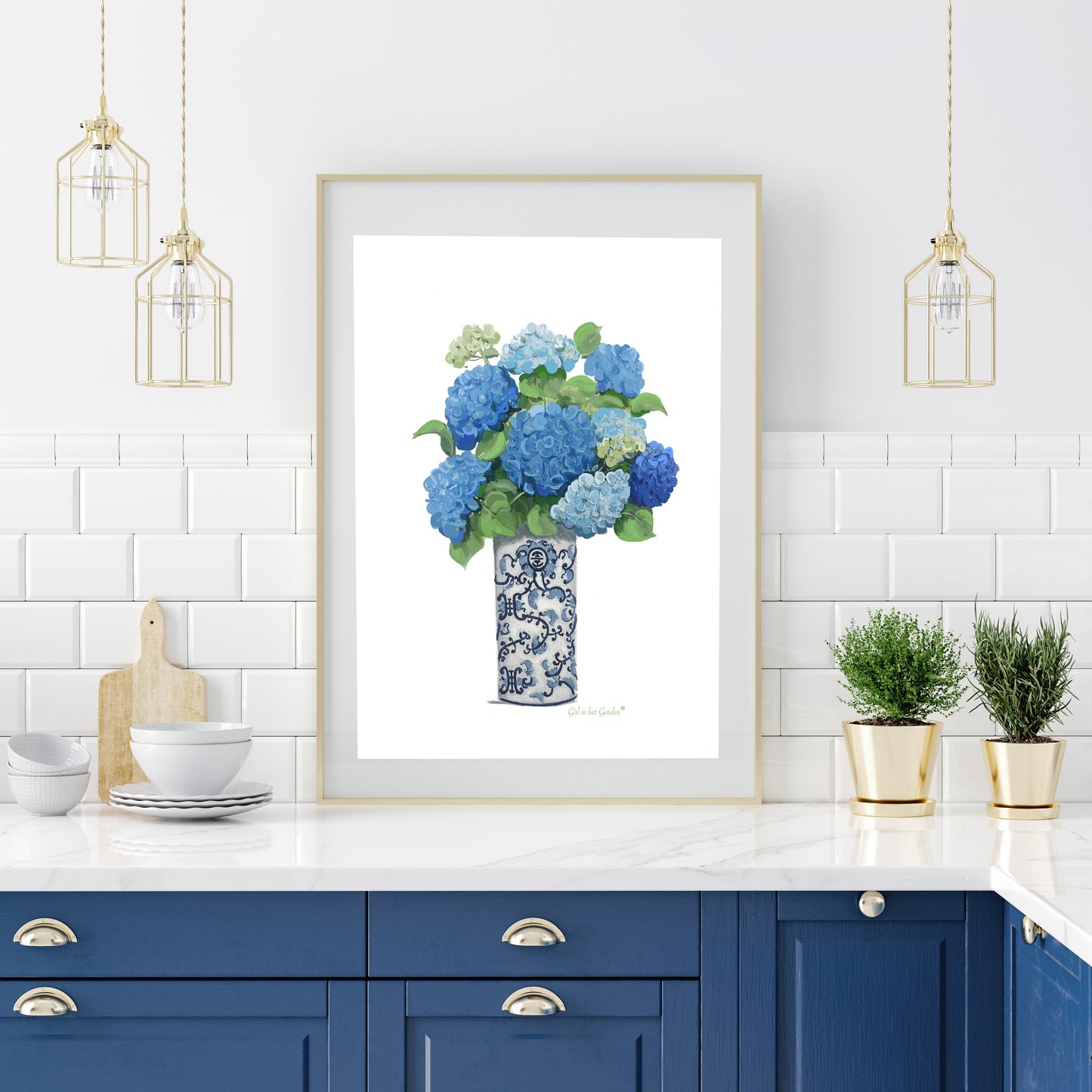 Blue Hydrangeas Chinoiserie Print on Canvas
