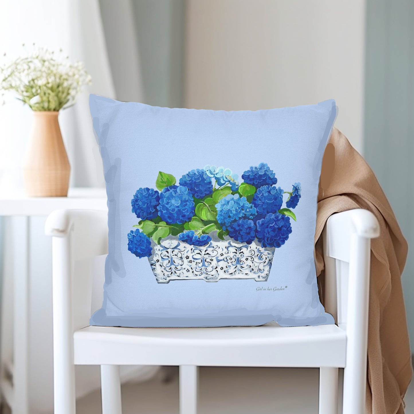 Light Blue Hydrangea Planter Pillow, Pillow Cover