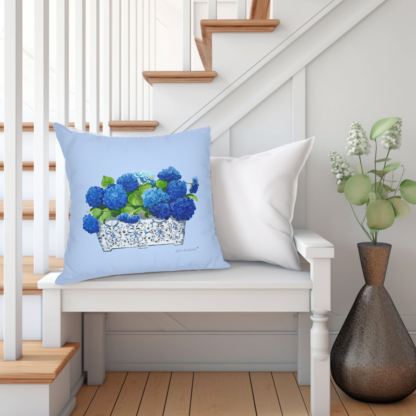 Light Blue Hydrangea Planter Pillow, Pillow Cover