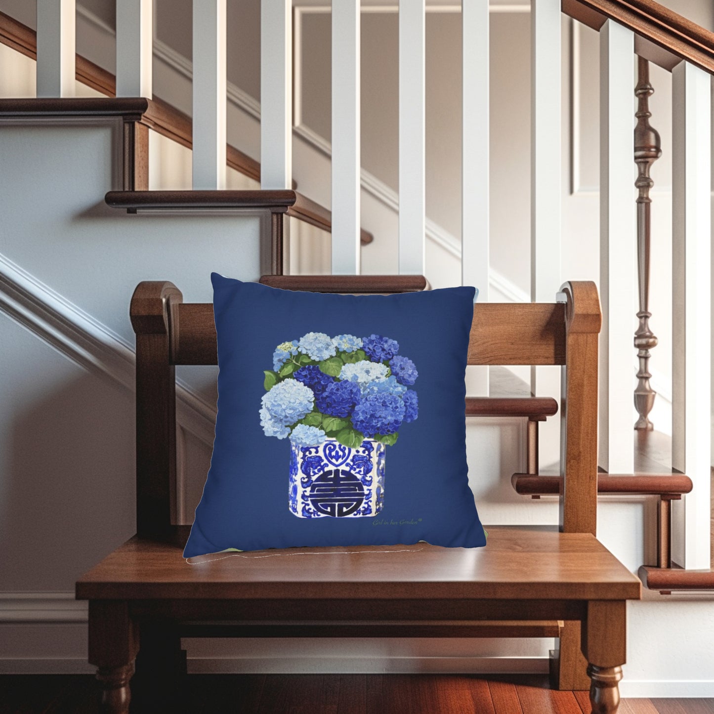Blue Hydrangea Chinoiserie Navy Pillow, Pillow Cover