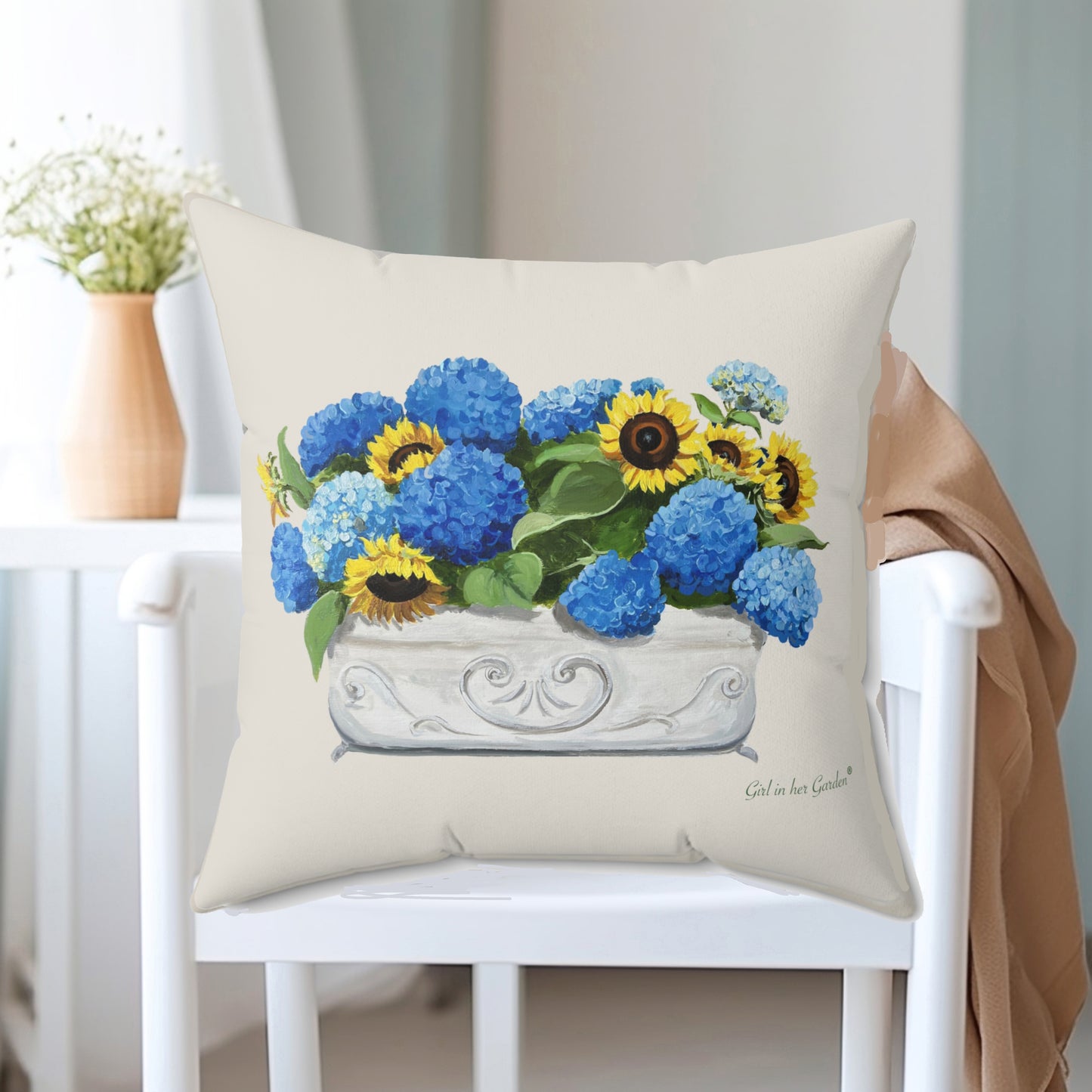 Sunflower & Blue Hydrangea Beige Pillow, Pillow Cover