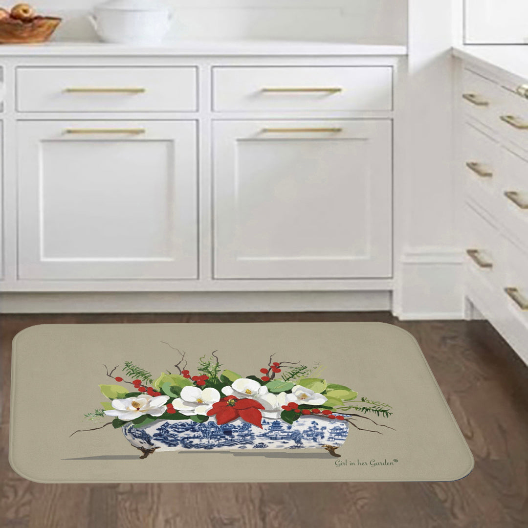 Beige Christmas Magnolia Planter, Kitchen & Bath Cushion Mat