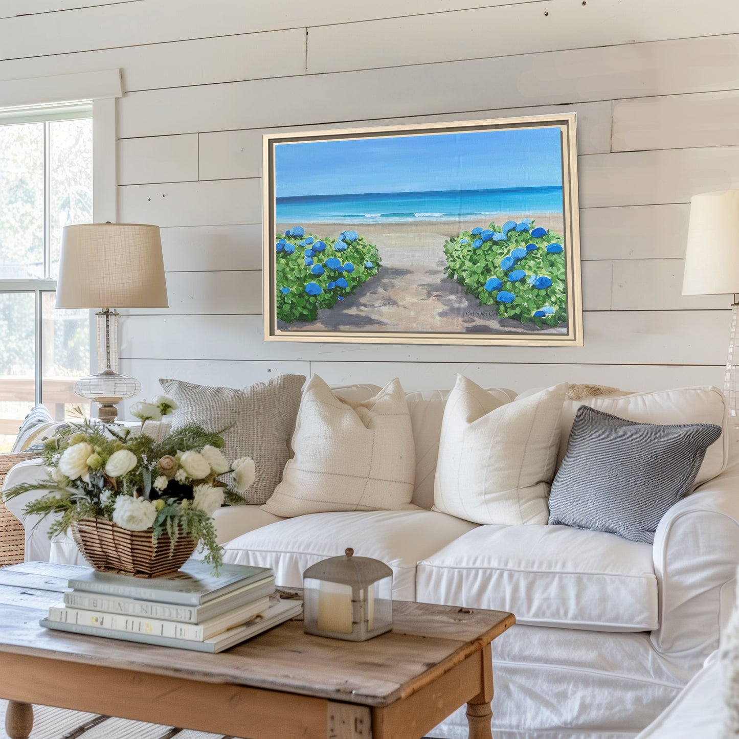 Hydrangeas on the Beach, Framed Canvas