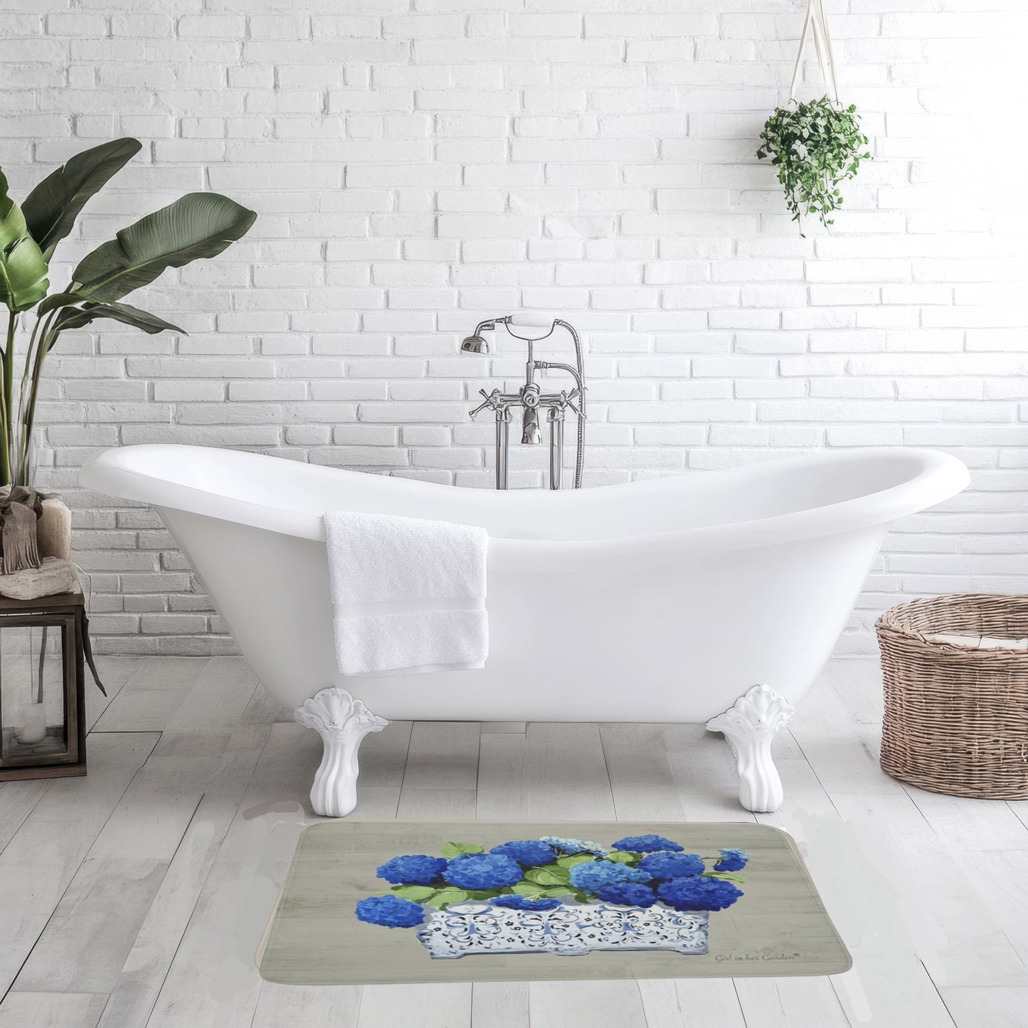 Kitchen, Bath Cushion Mat Beige & Blue Hydrangea Planter