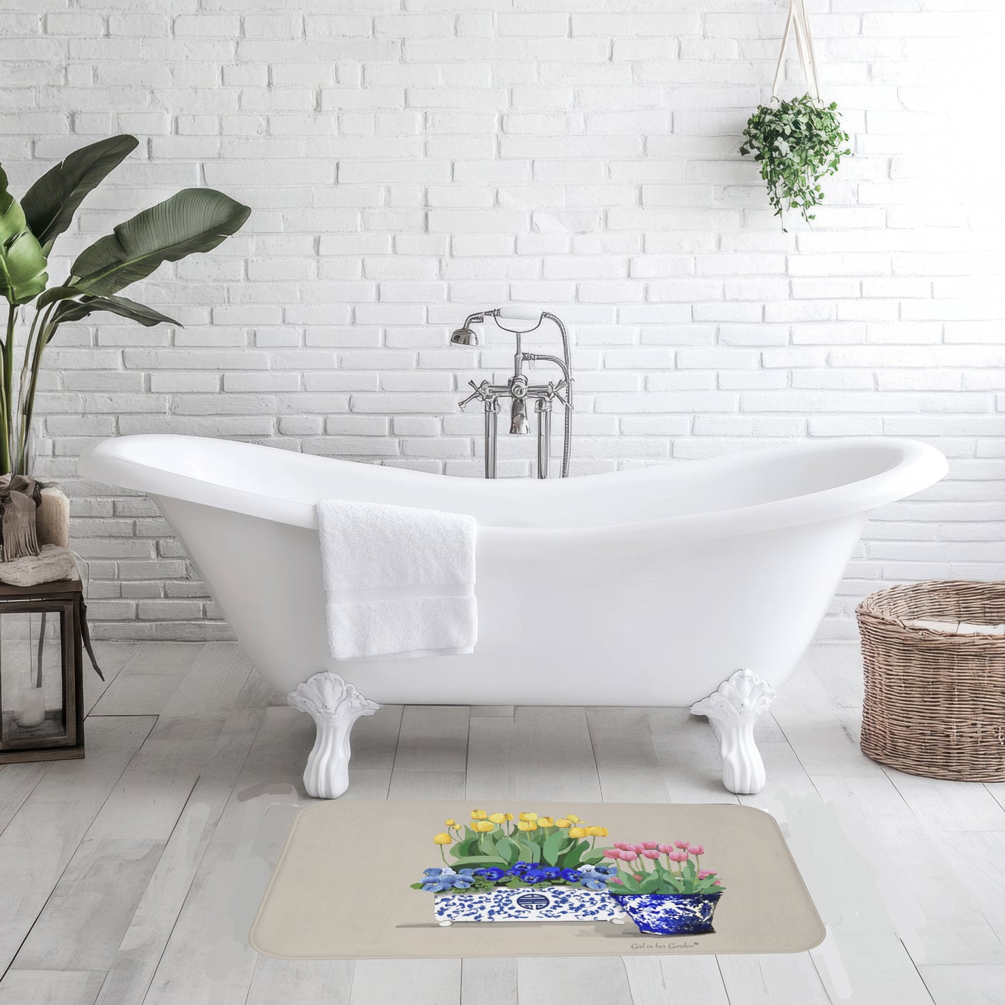 Kitchen, Bath Cushion Mat, Yellow & Pink Tulips Chinoiserie Planters