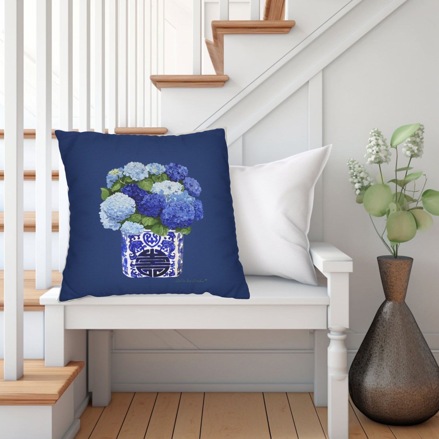 Blue Hydrangea Chinoiserie Navy Pillow, Pillow Cover
