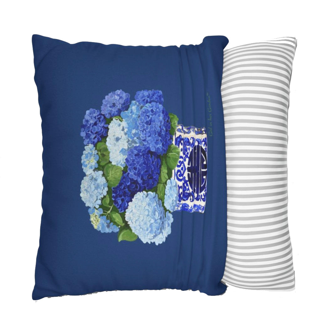 Blue Hydrangea Chinoiserie Navy Pillow, Pillow Cover