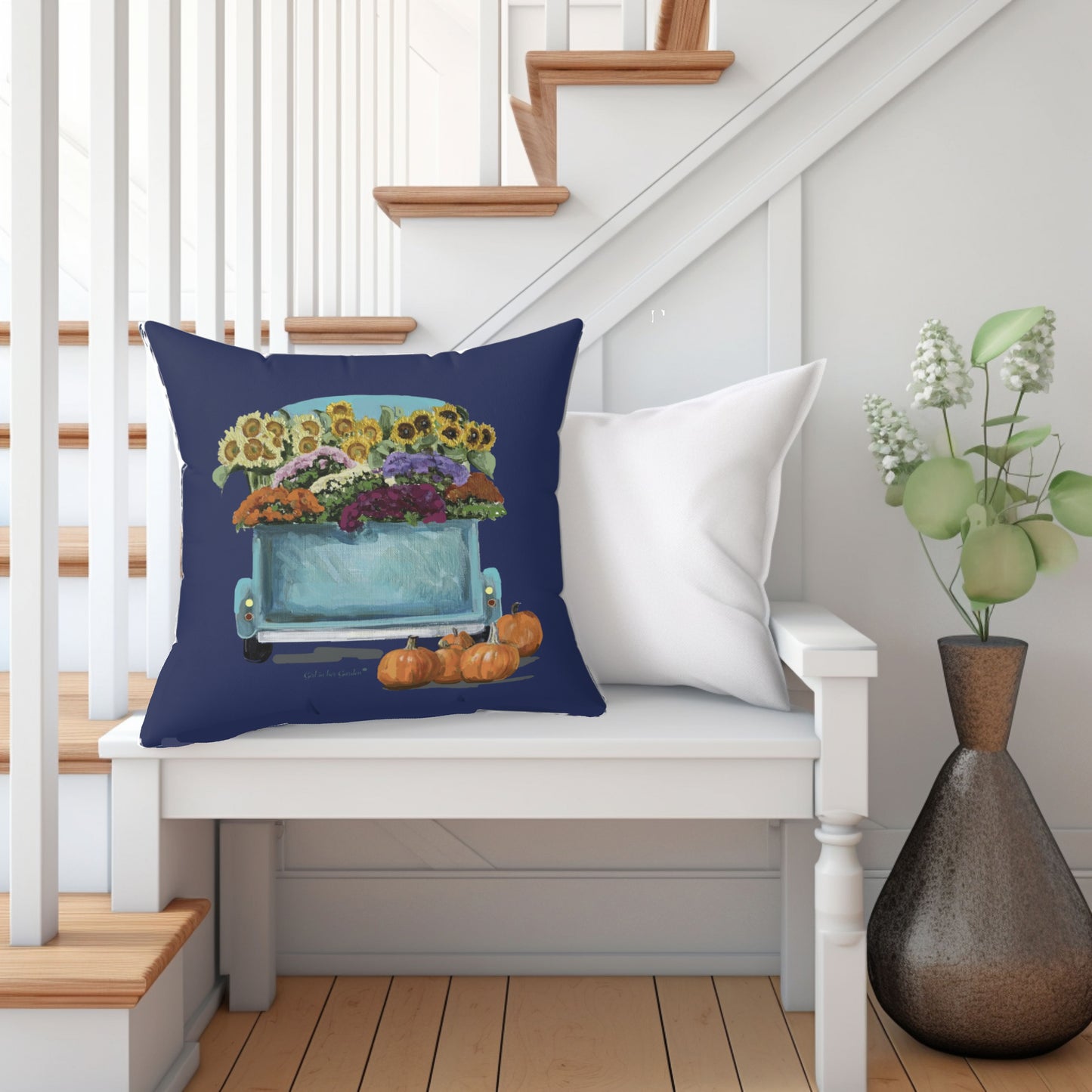Navy Fall Harvest Truck Pillow, Pillow Cover