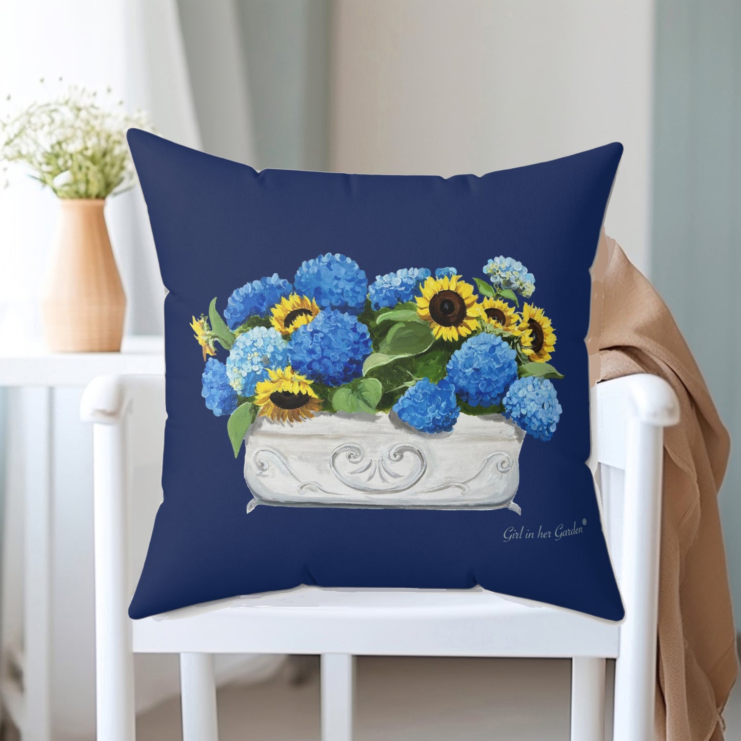 Sunflower & Blue Hydrangea Navy Pillow, Pillow Cover