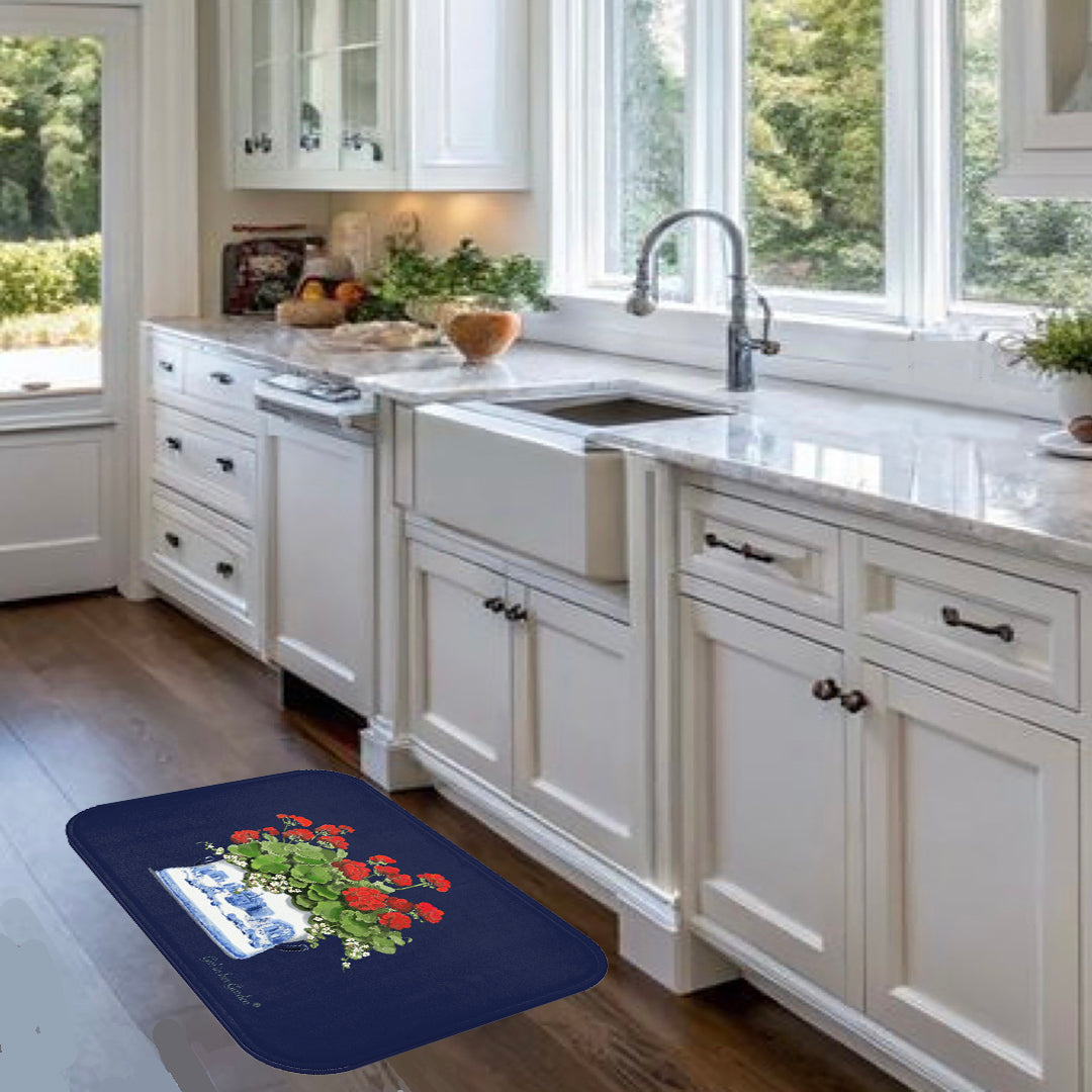 Red Geraniums Navy Chinoiserie Kitchen & Cushion Bath Mat