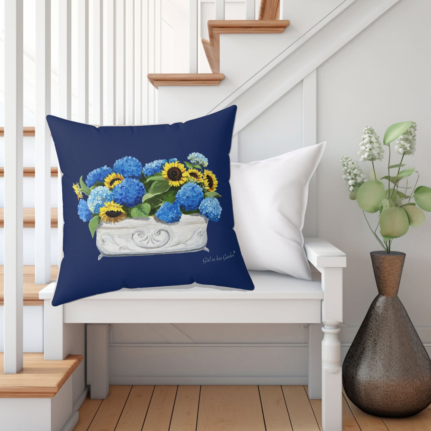 Sunflower & Blue Hydrangea Navy Pillow, Pillow Cover