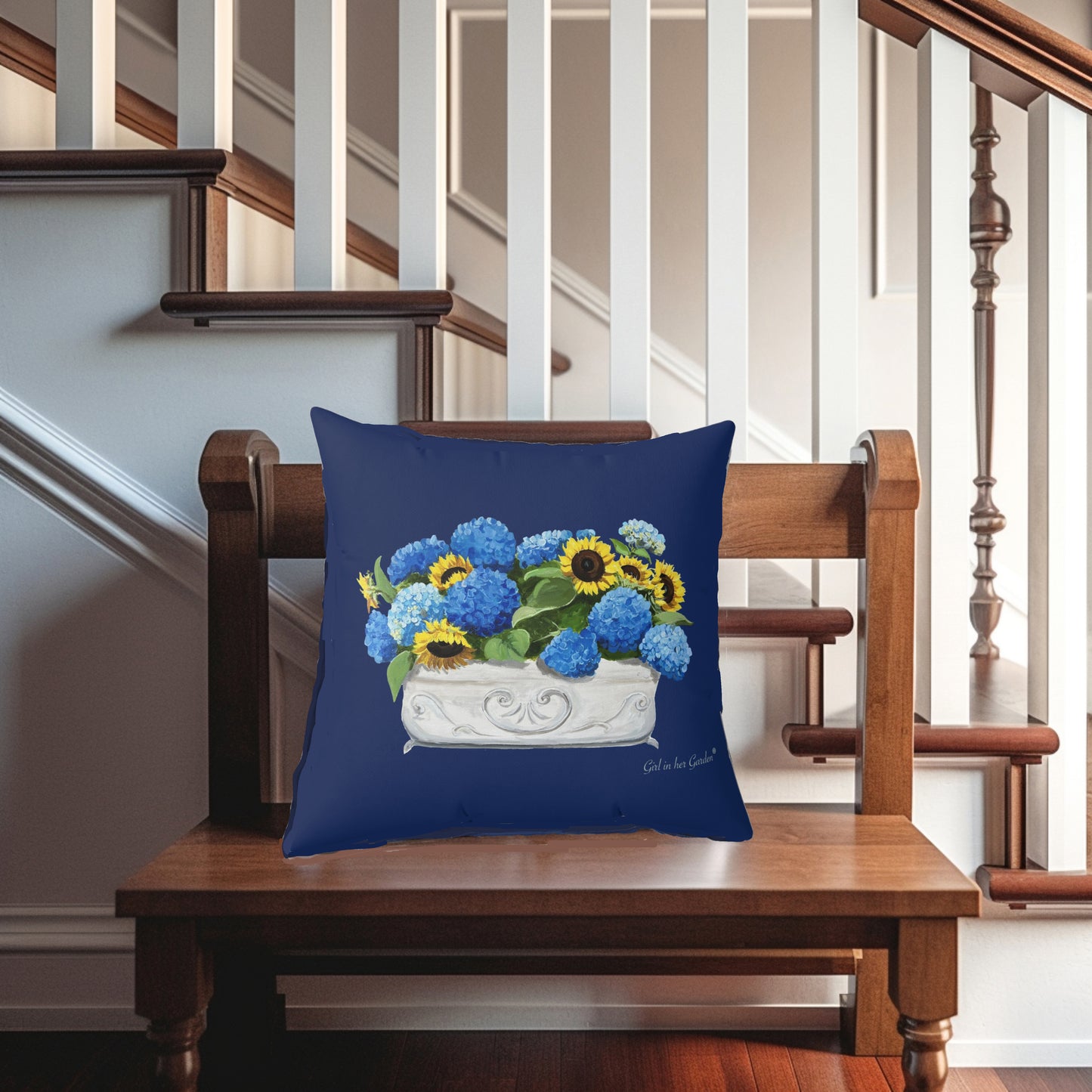 Sunflower & Blue Hydrangea Navy Pillow, Pillow Cover