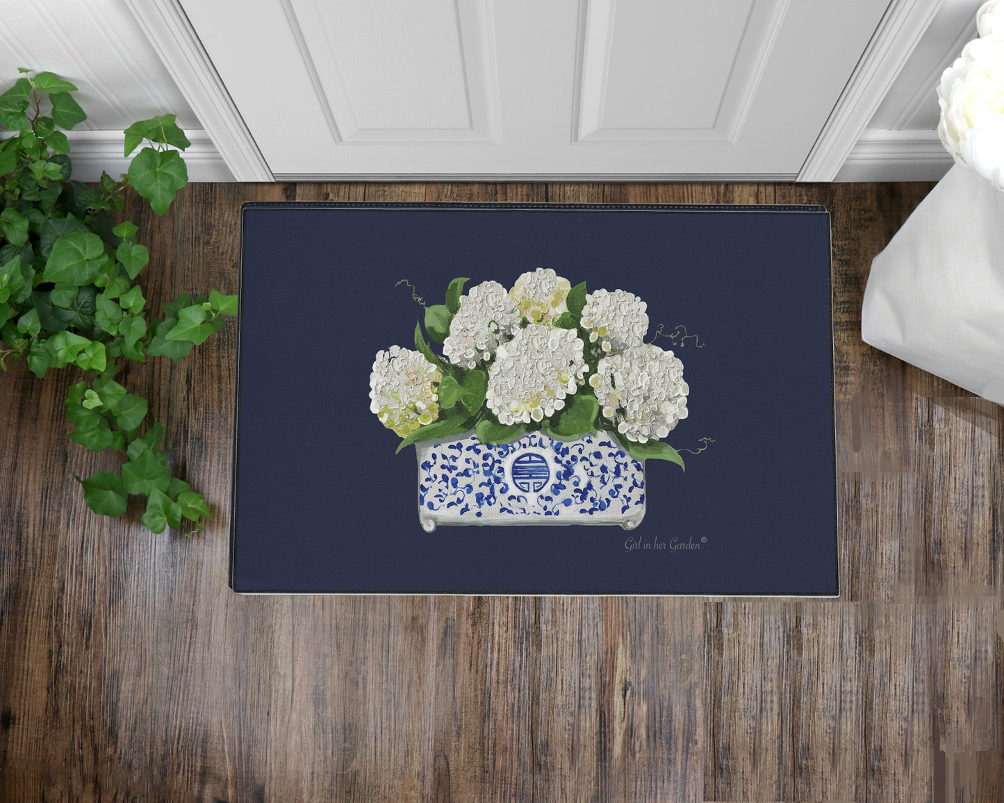 White Hydrangea Navy Chinoiserie Planter Rubber Floor Mat