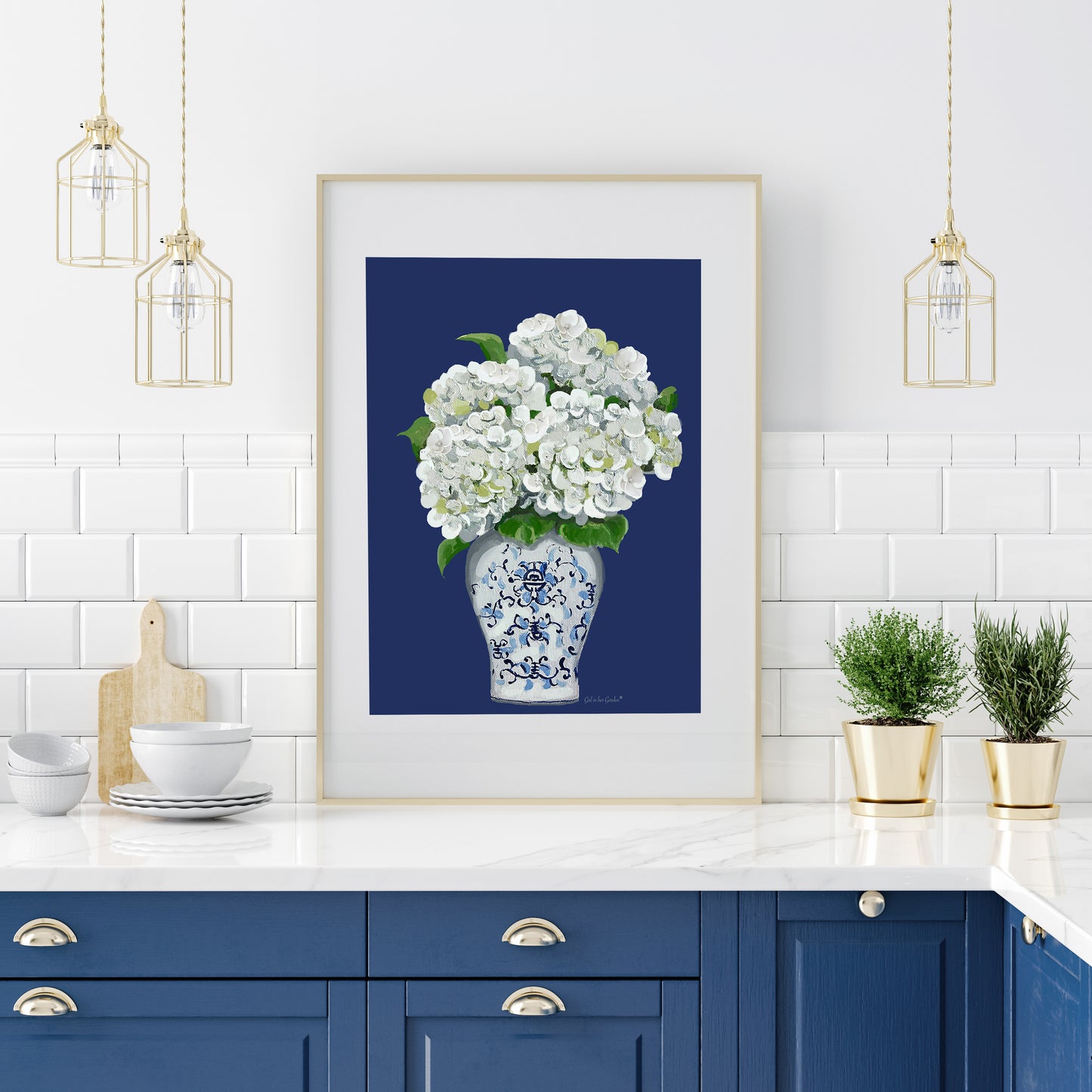 Navy White Hydrangea Canvas