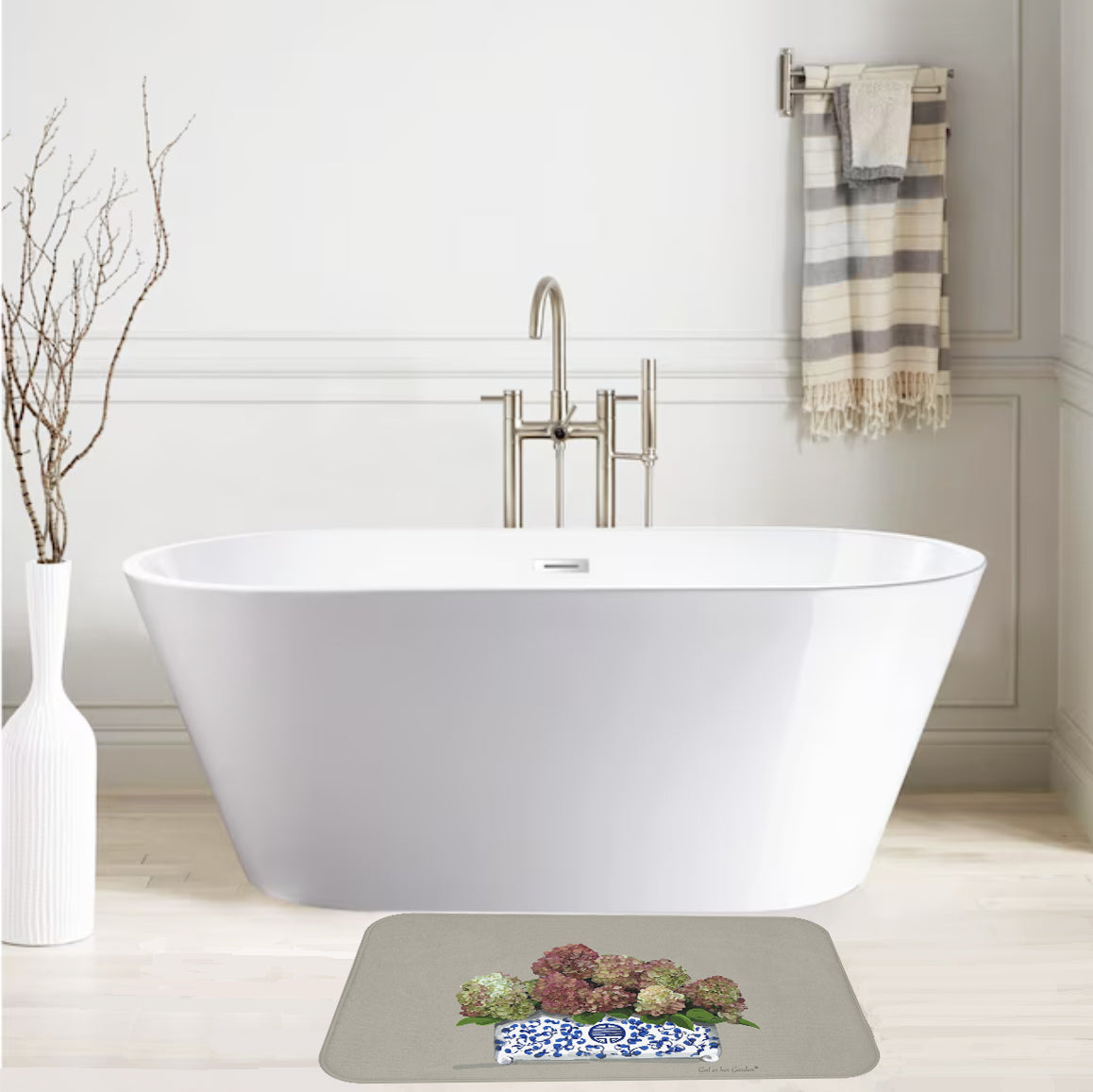 Beige Fall Hydrangea Planter Kitchen & Bath Cushion Mat