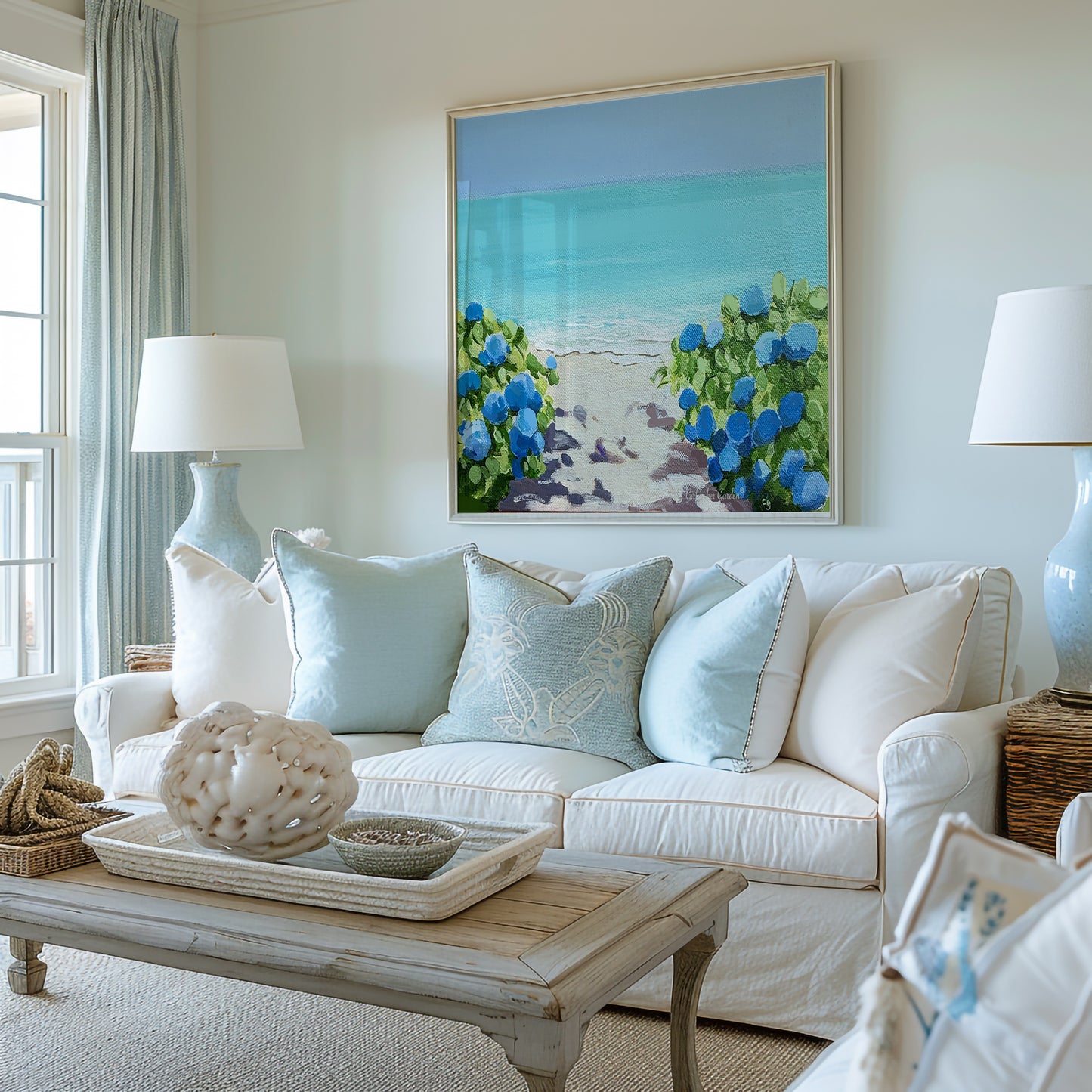 Hydrangeas by the Turquoise Sea, Unframed Poster or Canvas
