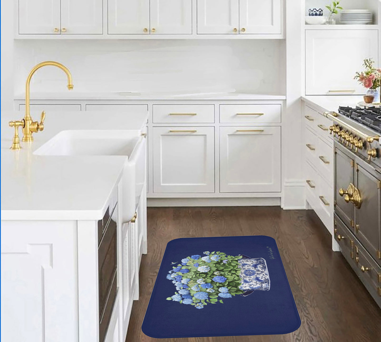 Kitchen, Bath Cushion Mat, Navy Hydrangea Chinoiserie Foot Planter 11