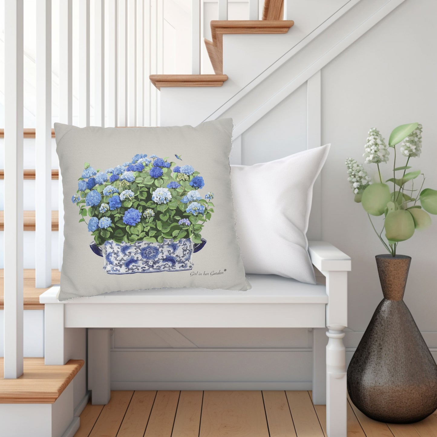 Blue Hydrangea Chinoiserie Planter Pillow, Pillow Cover