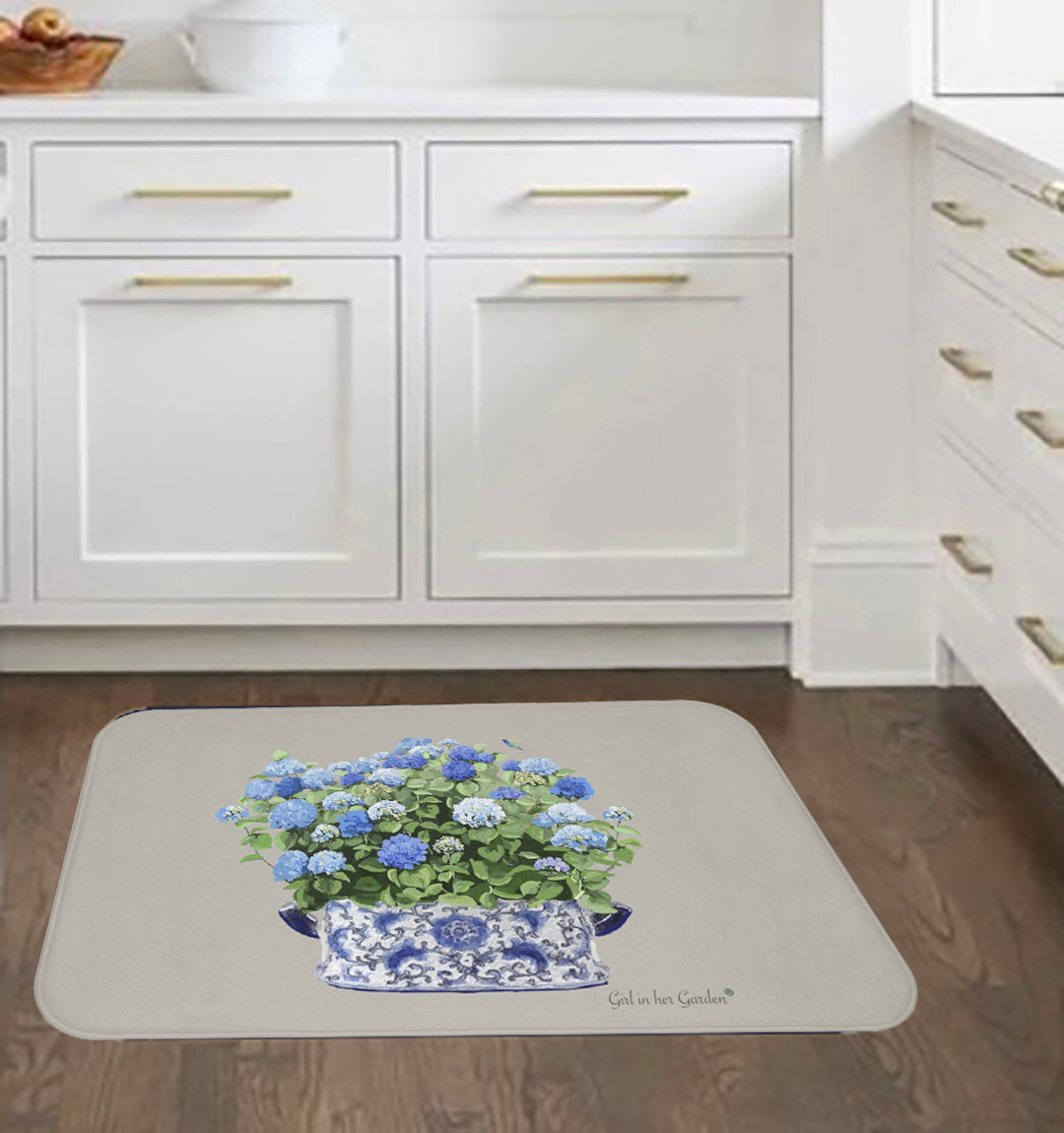 Kitchen, Bath Cushion Mat, Beige & Blue Hydrangeas Chinoiserie Foot Planter 2
