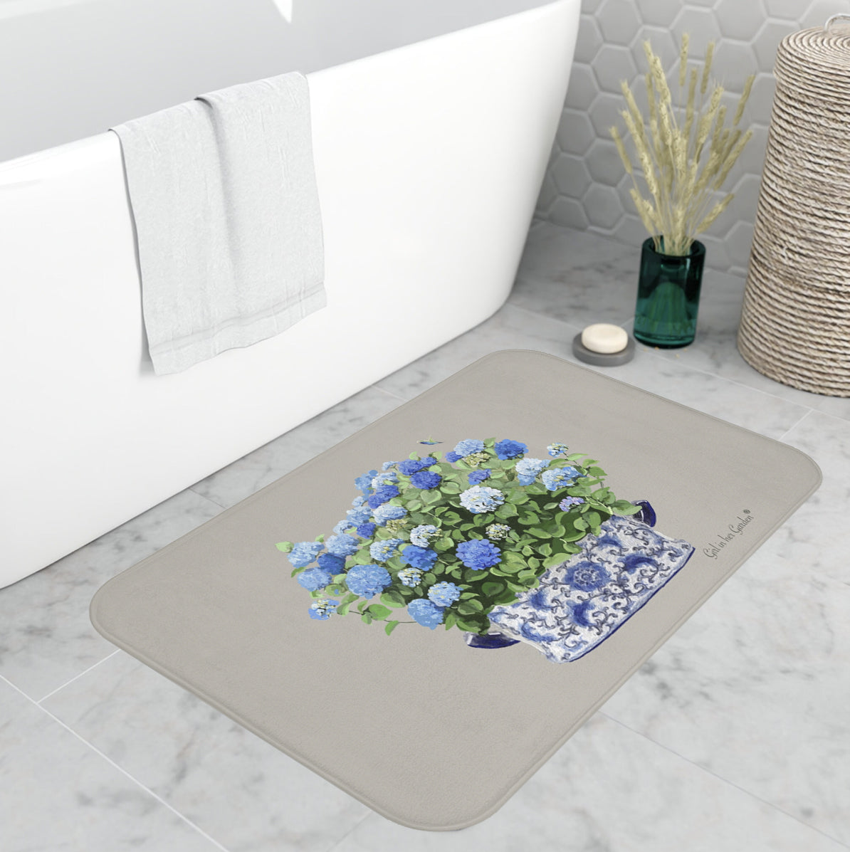 Kitchen, Bath Cushion Mat, Beige & Blue Hydrangeas Chinoiserie Foot Planter 2