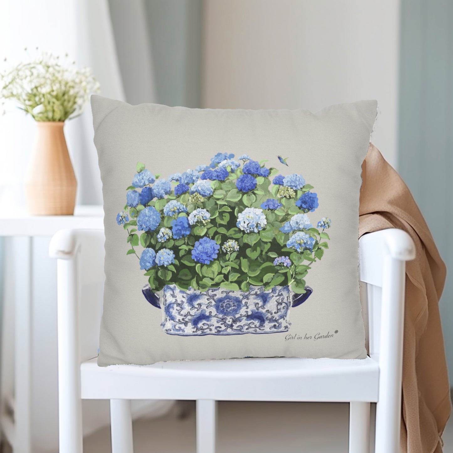 Blue Hydrangea Chinoiserie Planter Pillow, Pillow Cover