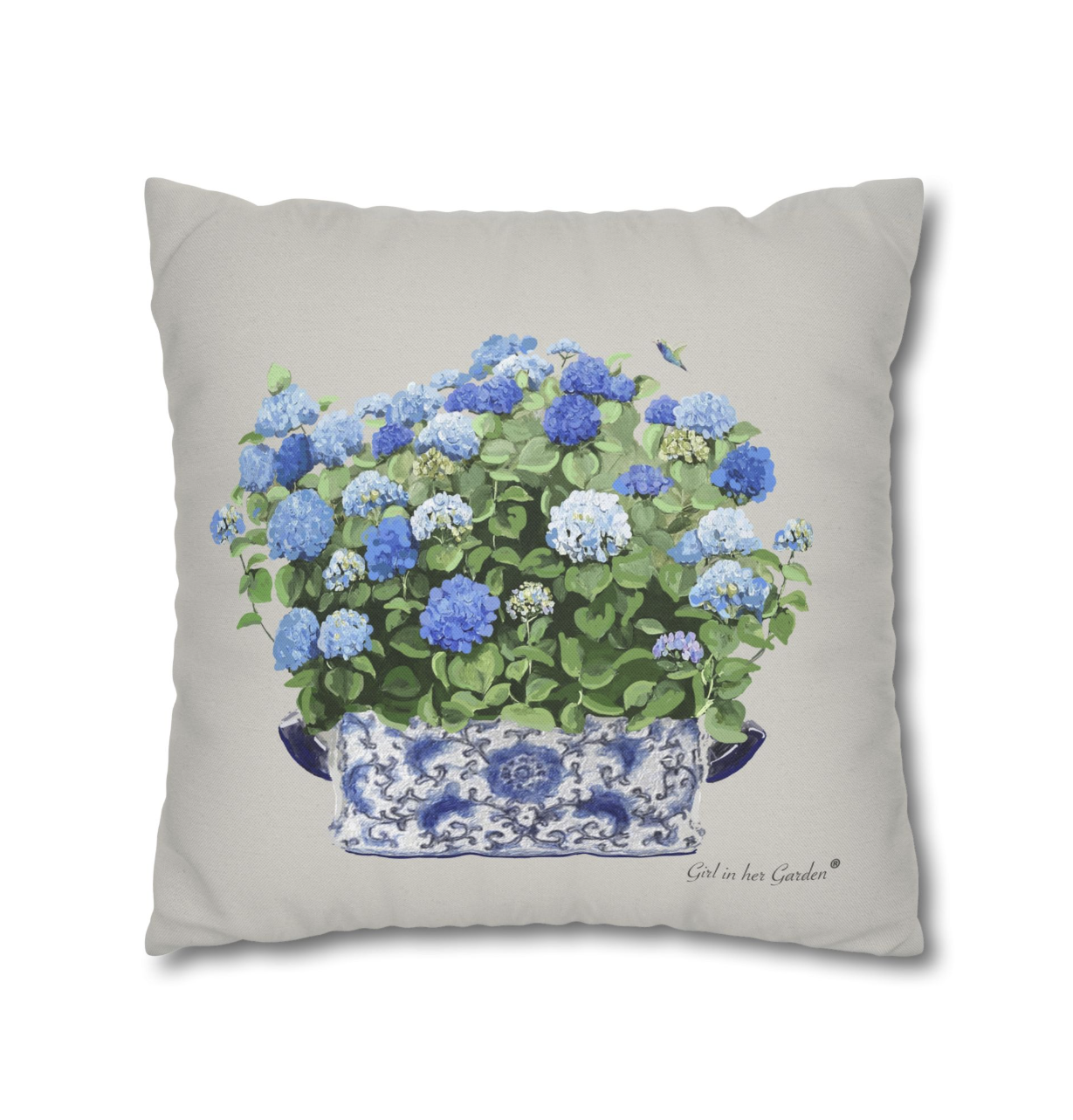 Blue Hydrangea Chinoiserie Planter Pillow, Pillow Cover