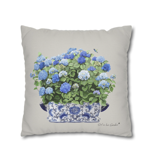 Blue Hydrangea Chinoiserie Planter Pillow, Pillow Cover