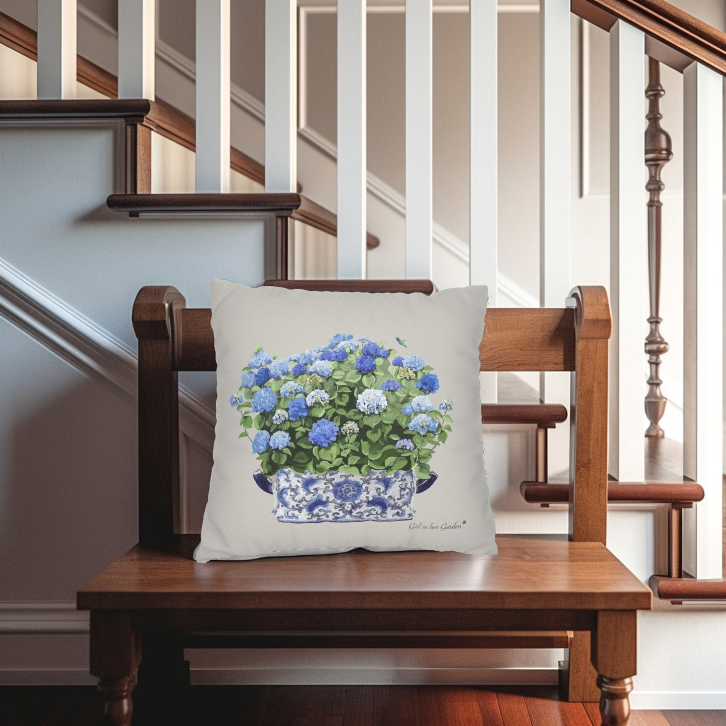 Blue Hydrangea Chinoiserie Planter Pillow, Pillow Cover