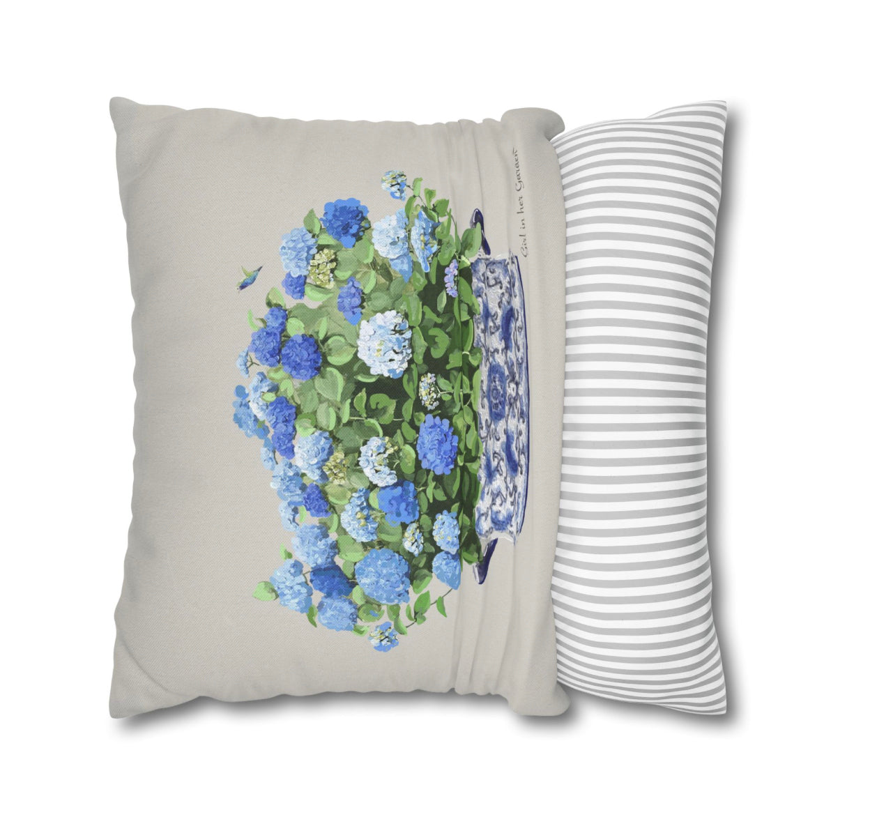 Blue Hydrangea Chinoiserie Planter Pillow, Pillow Cover