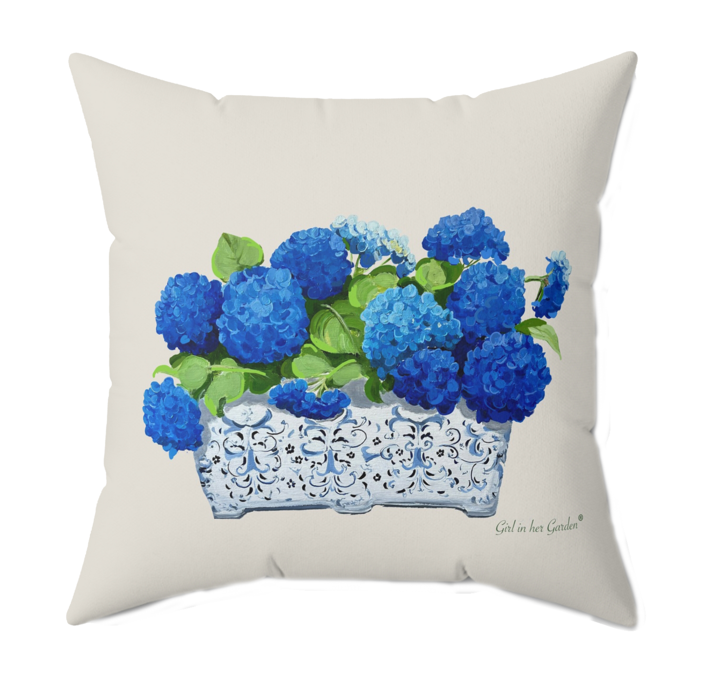 Blue Hydrangea Planter Beige Pillow, Pillow Cover