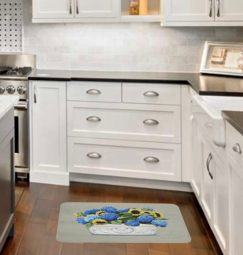 Kitchen, Bath Cushion Mat, Beige Sunflowers & Hydrangeas Planter