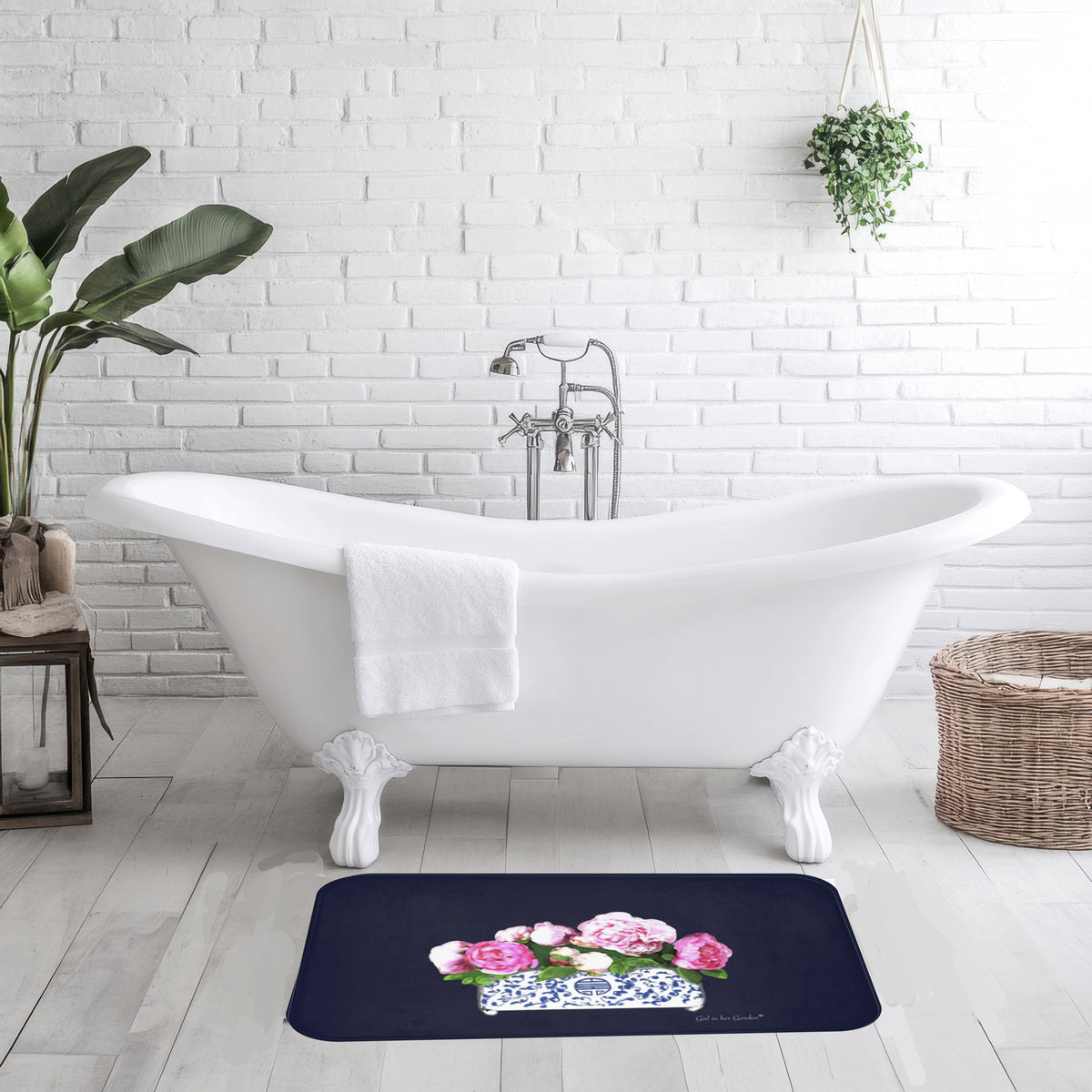 Navy Peonies Kitchen & Bath Mat