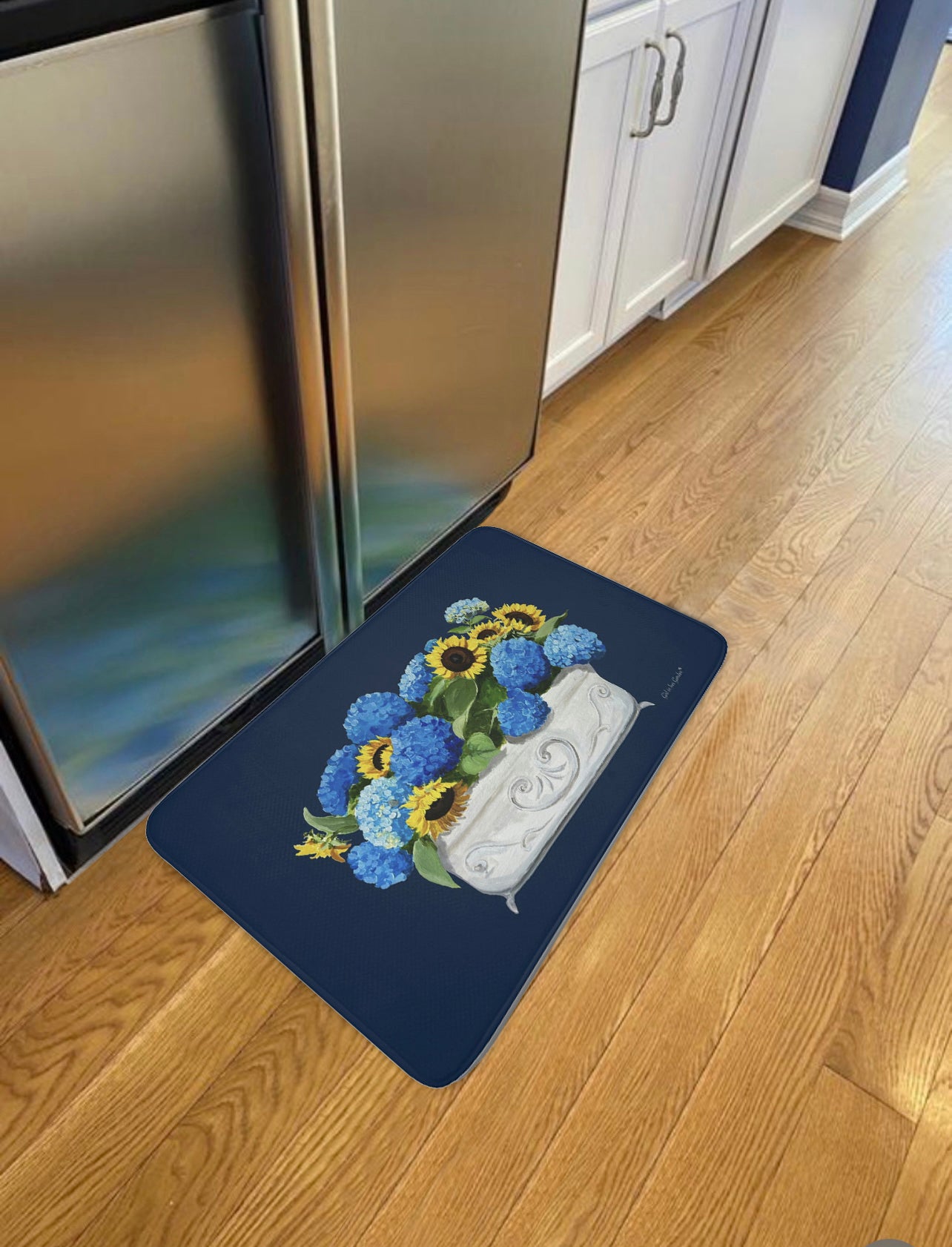 Kitchen, Bath  Cushion Mat, Navy Sunflowers & Hydrangeas Planter