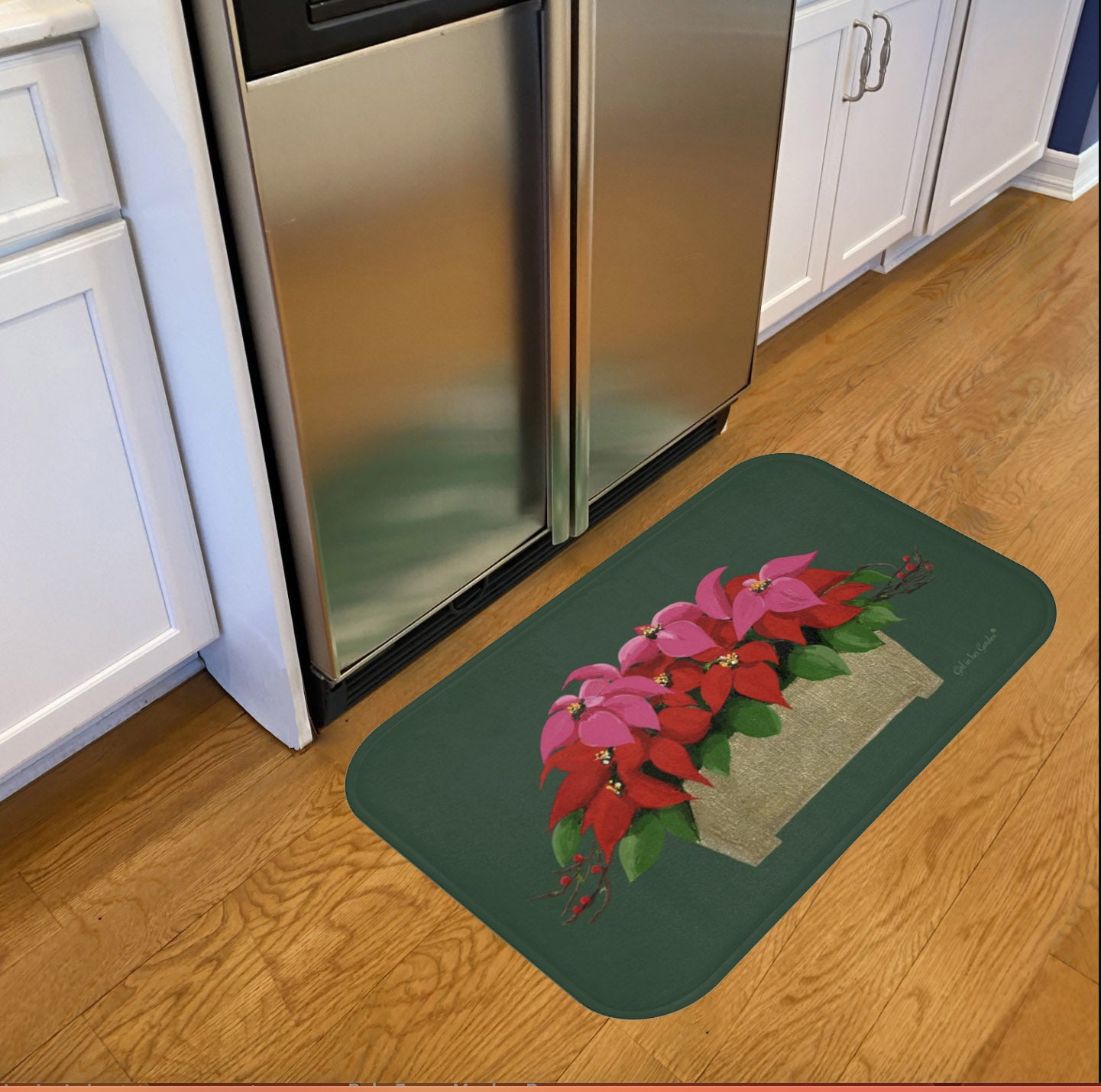 Kitchen, Bath Cushion Mat, Pink & Red Poinsettias Gold Planter